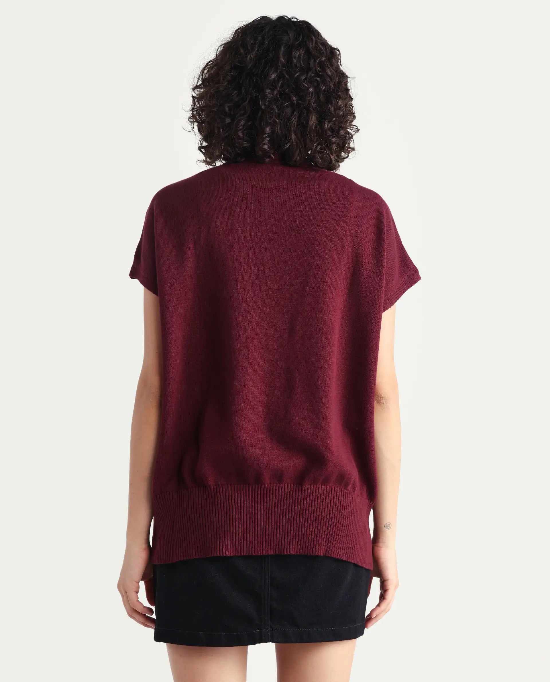 Rareism Women's Pave Maroon Cotton V-Neck Plain Extended Sleeves Regular Fit Sweater