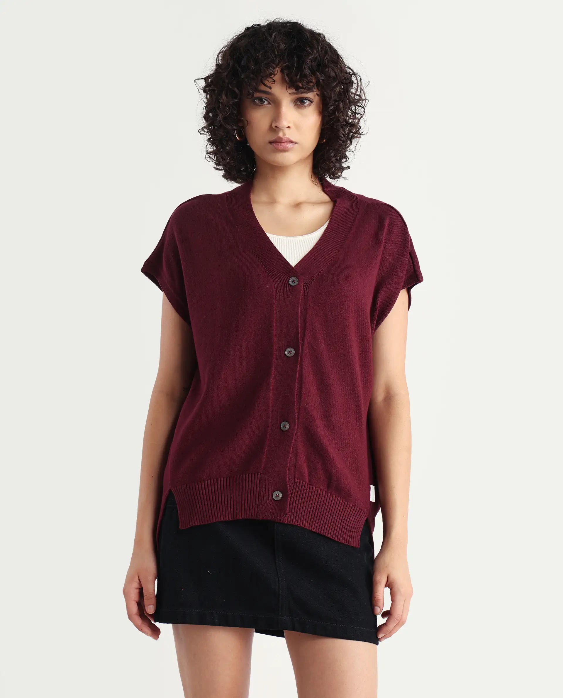 Rareism Women's Pave Maroon Cotton V-Neck Plain Extended Sleeves Regular Fit Sweater