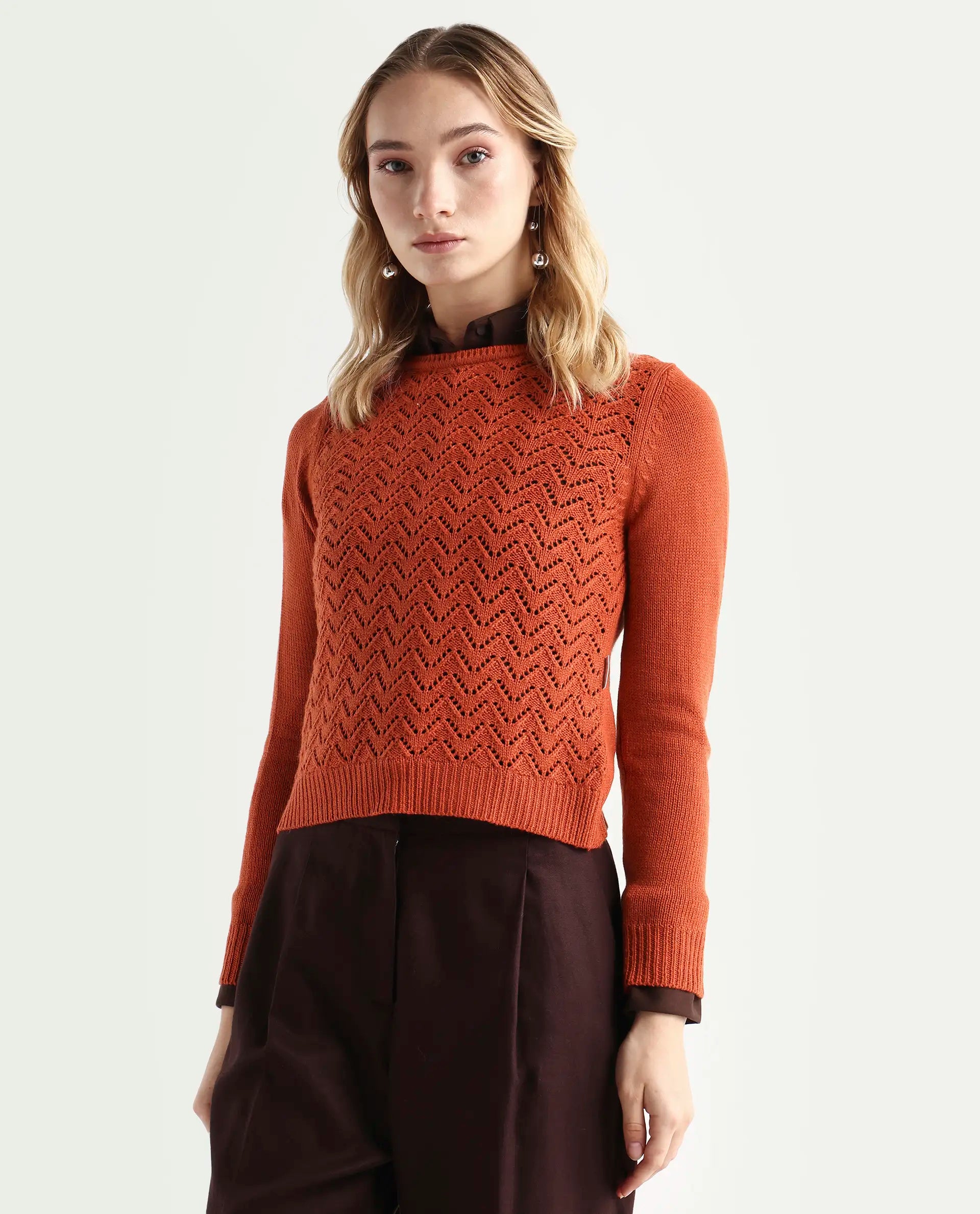 Rareism Women's Sami Orange Acrylic Crew Neck Plain Slim Fit Sweater
