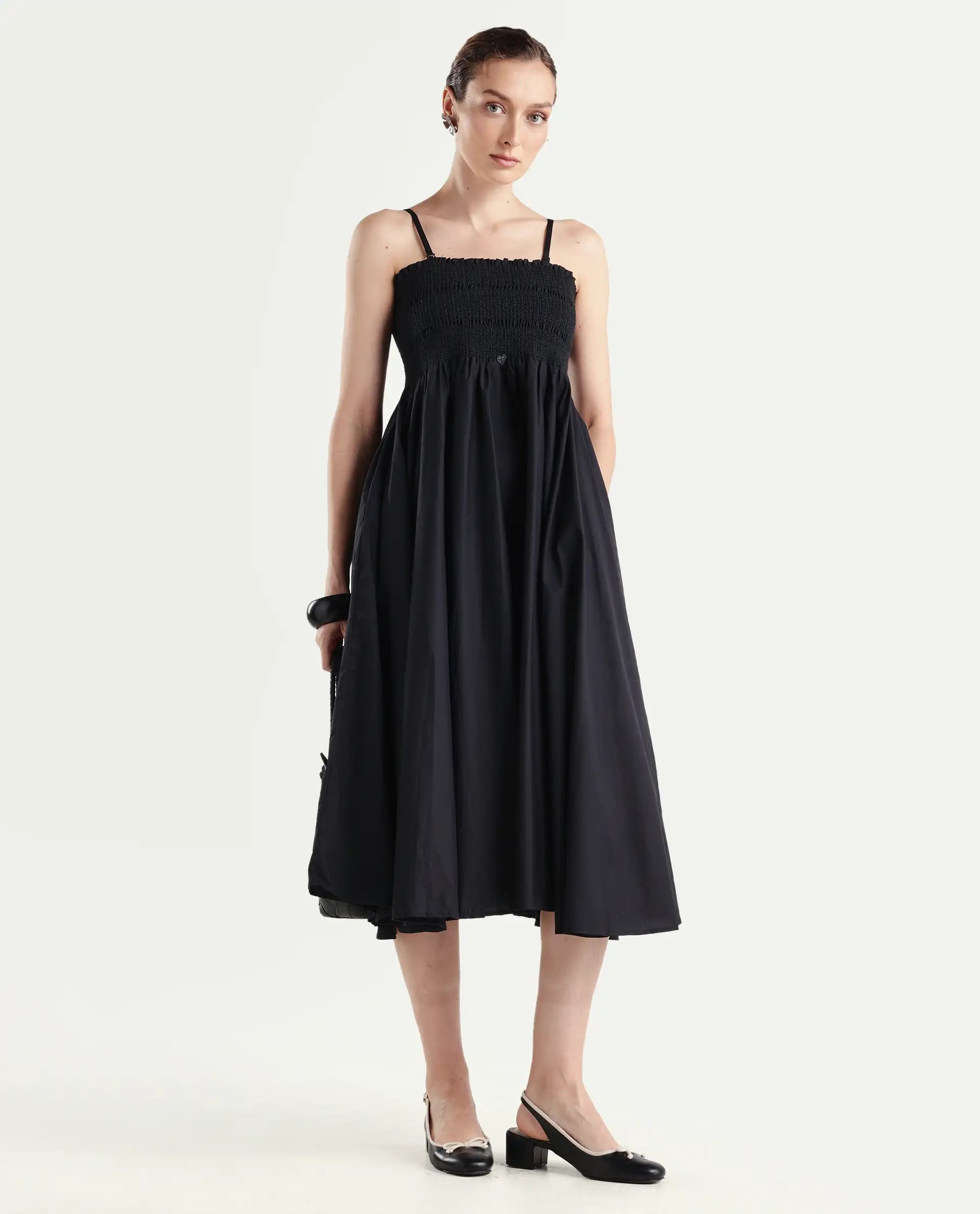 Rareism Women's Zozo Black Cotton Blend Tube Neck Plain Sleeveless Knee Length Regular Fit Dress