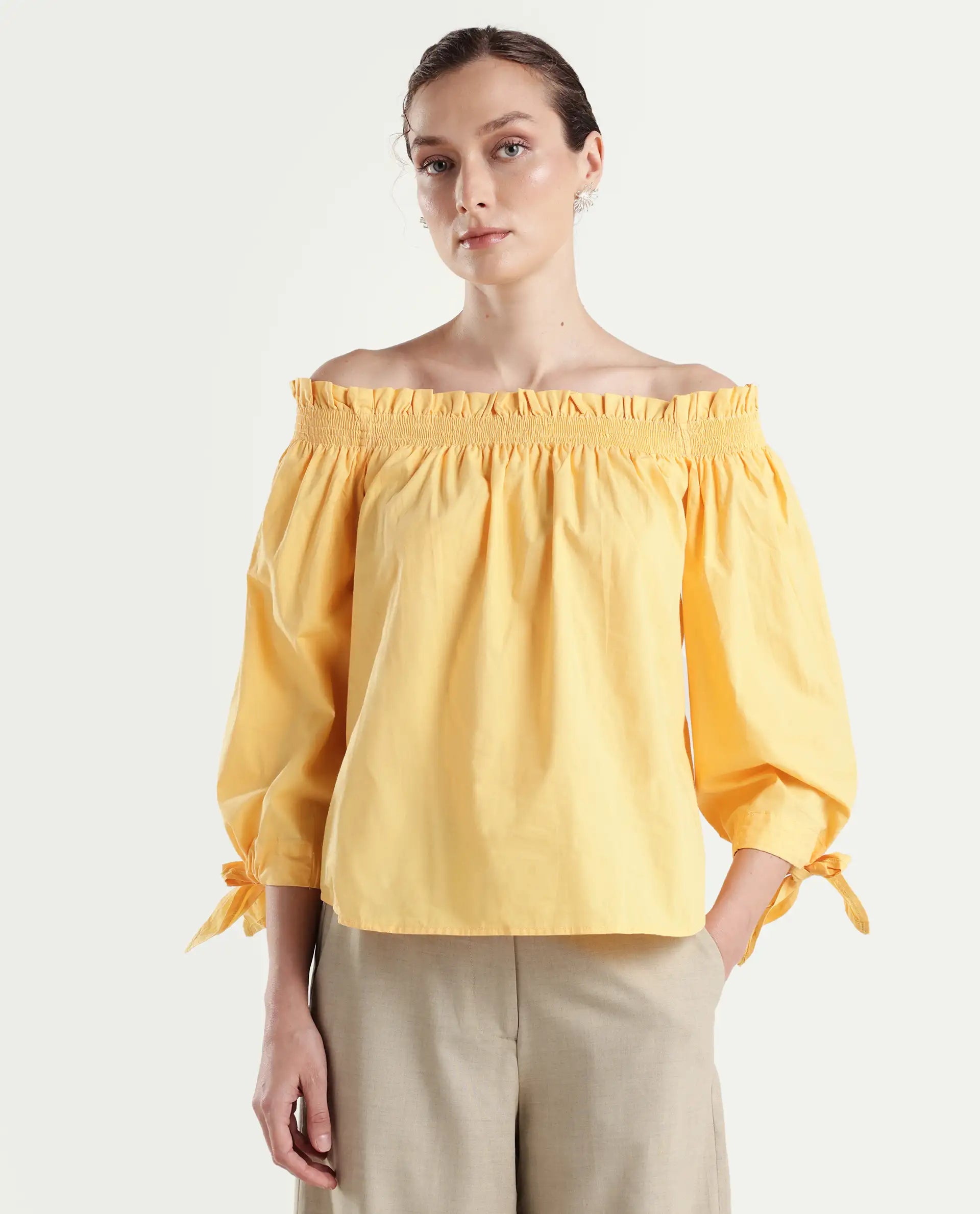 Rareism Womens Evenin Yellow Top Cotton Fabric Loose Fit Cold Shoulder Sleeve