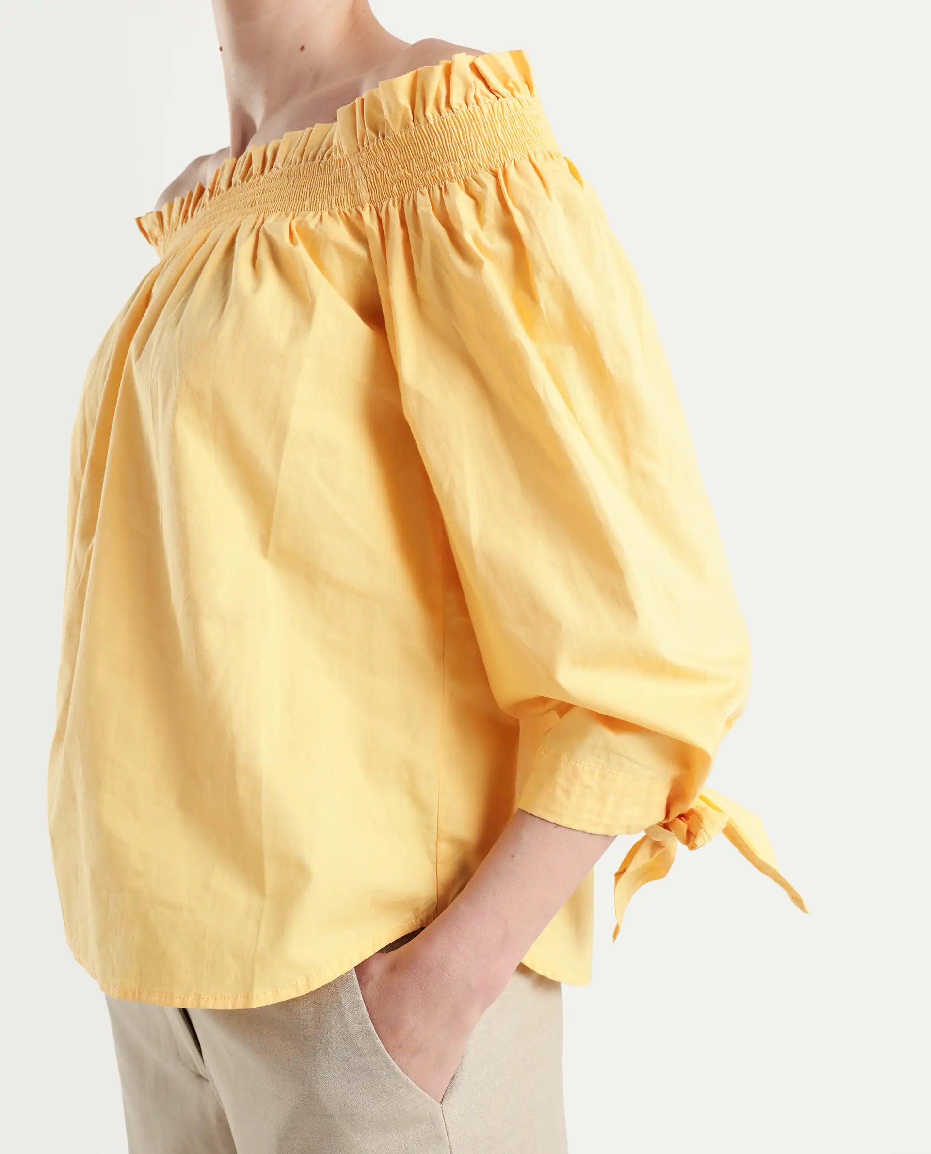 Rareism Womens Evenin Yellow Top Cotton Fabric Loose Fit Cold Shoulder Sleeve