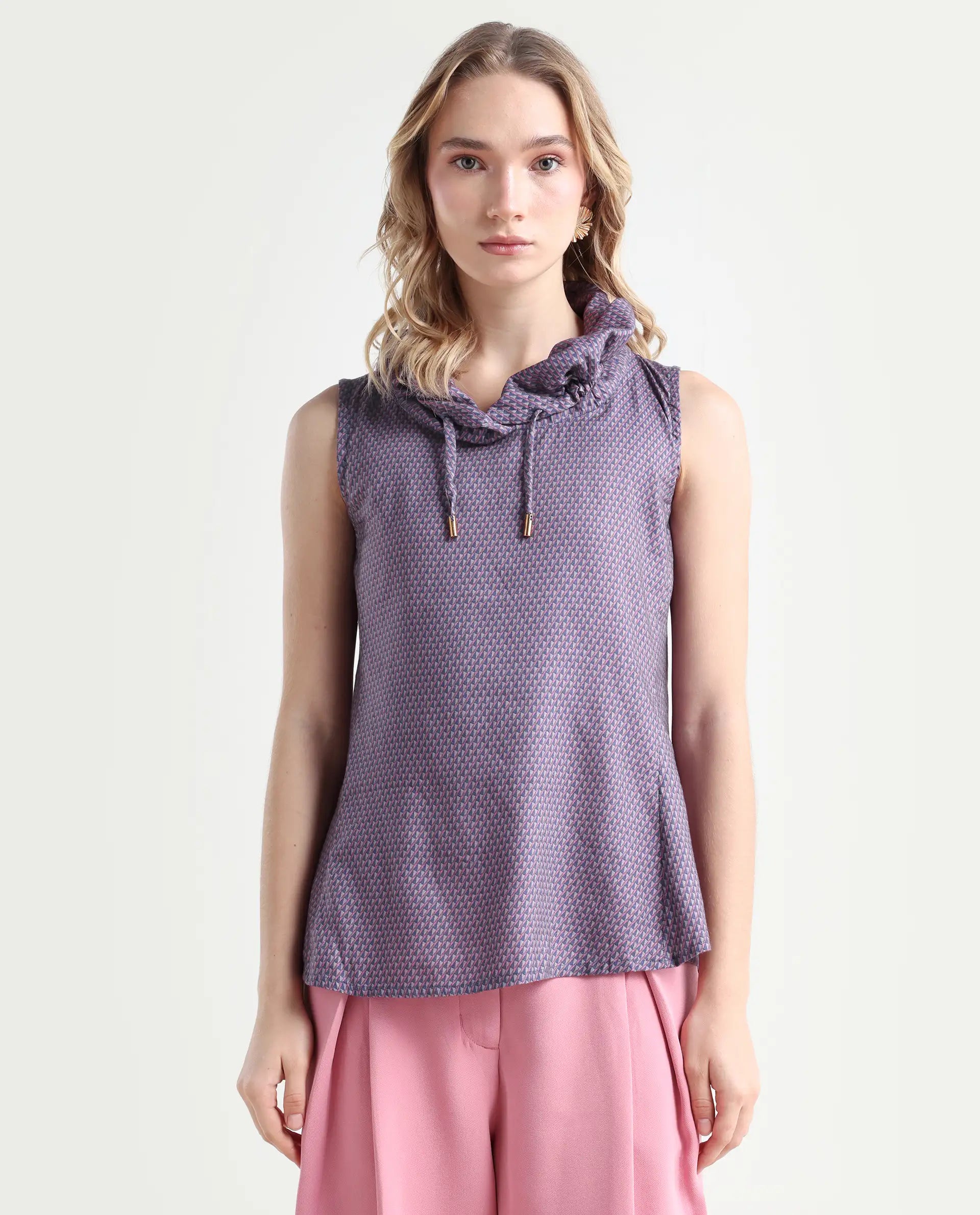 Rareism Women's Apron Grey Cotton Cowl Neck Geometric Print Top