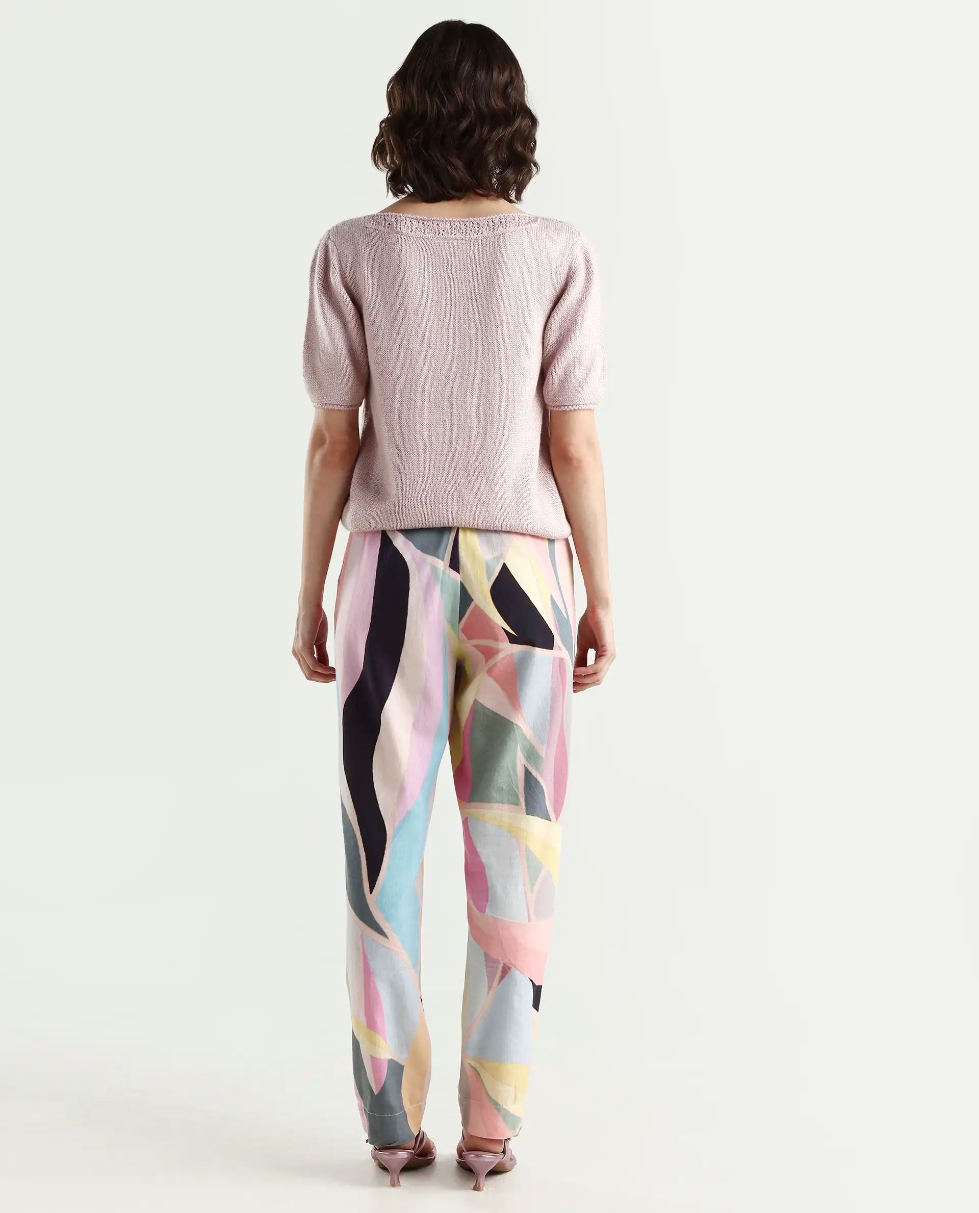 Rareism Women's Nickle Pink Cotton Abstract Print Ankle Length Tailored Trouser