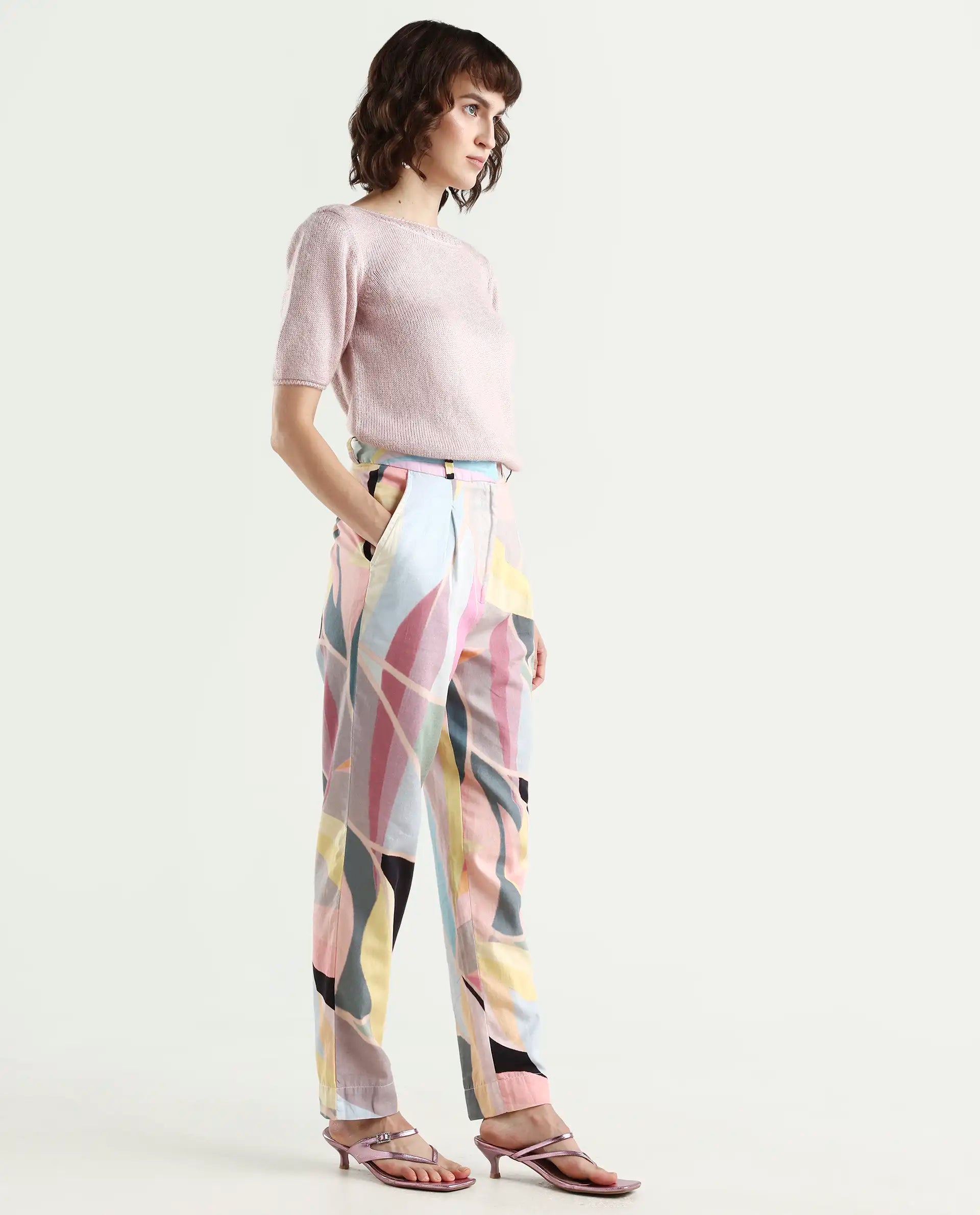 Rareism Women's Nickle Pink Cotton Abstract Print Ankle Length Tailored Trouser