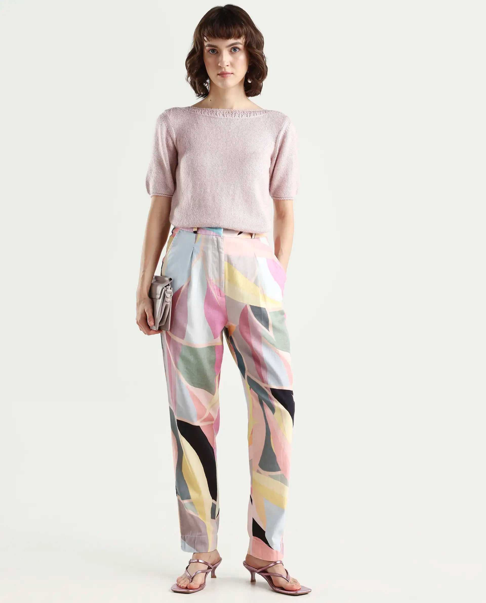 Rareism Women's Nickle Pink Cotton Abstract Print Ankle Length Tailored Trouser