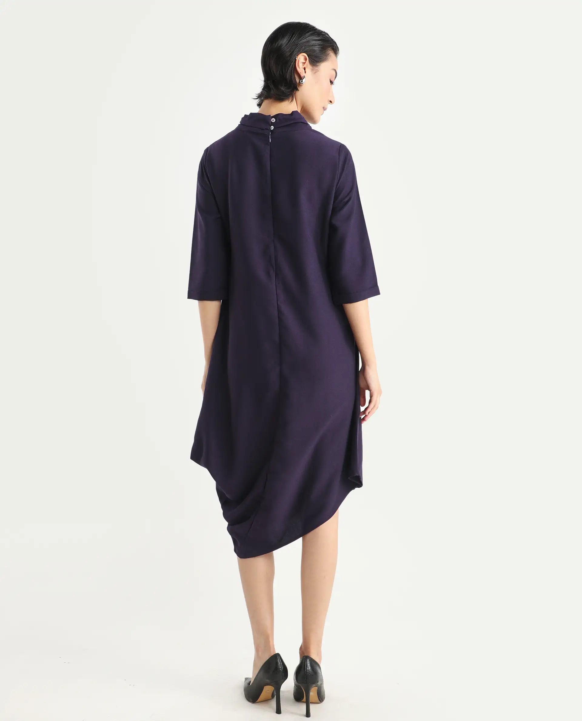 Rareism Women's Sullivan Purple Polyester High Neck Plain Knee Length Regular Fit Dress