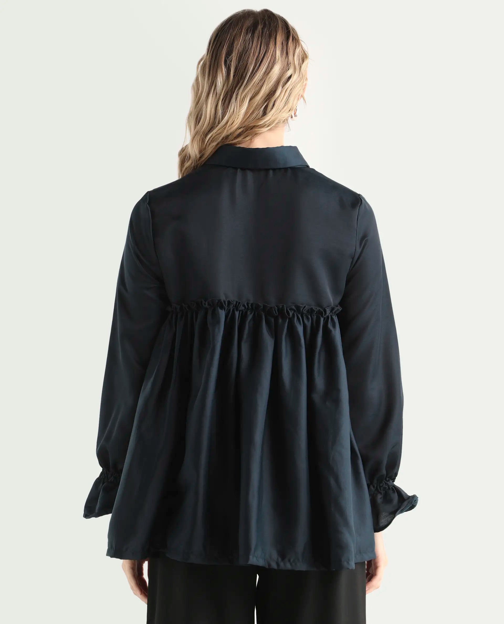 Rareism Women's Poet Petrol Polyester Tie-Up Neck Plain Ruffled Sleeve Relaxed Fit Top