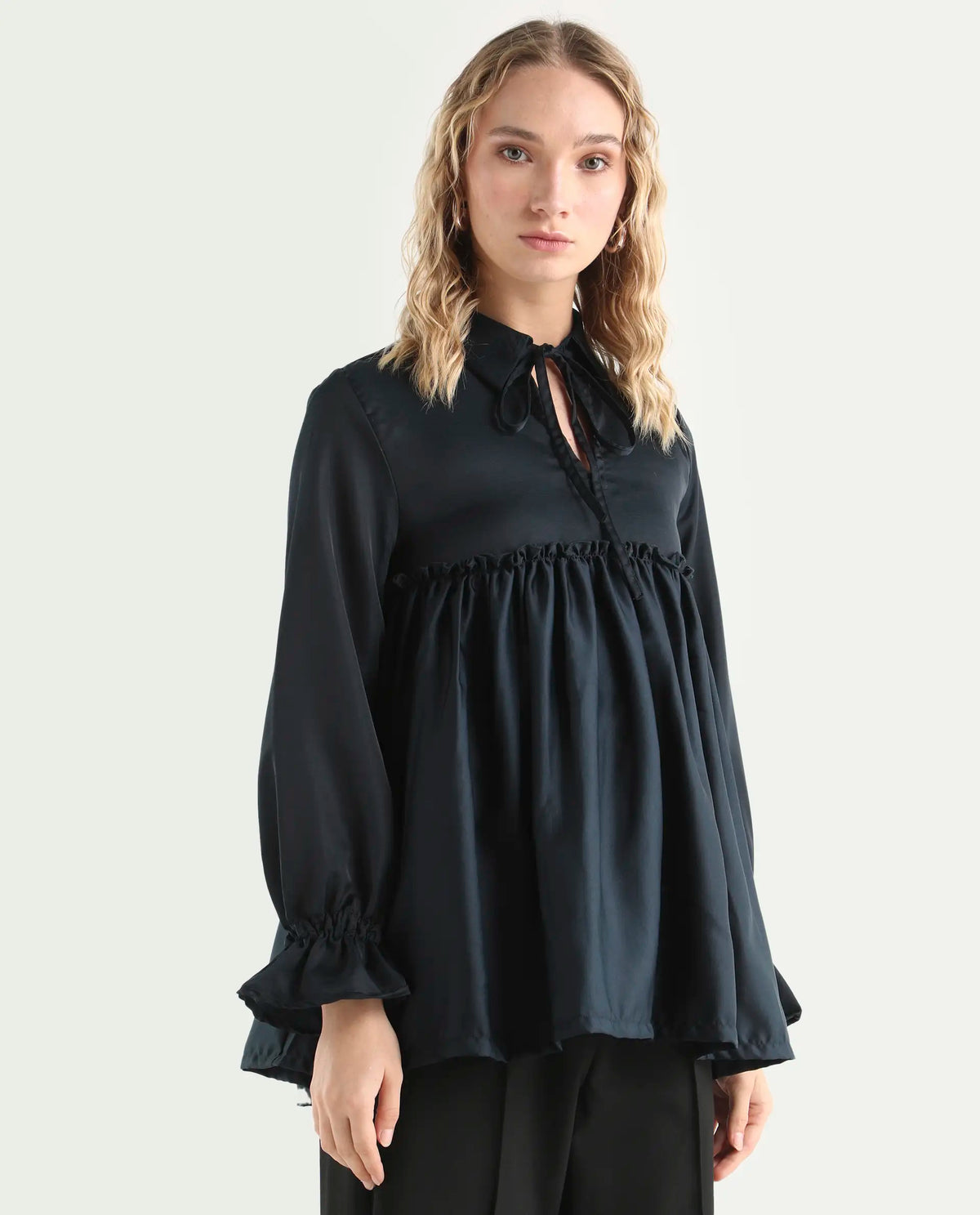 Rareism Women's Poet Petrol Polyester Tie-Up Neck Plain Ruffled Sleeve Relaxed Fit Top