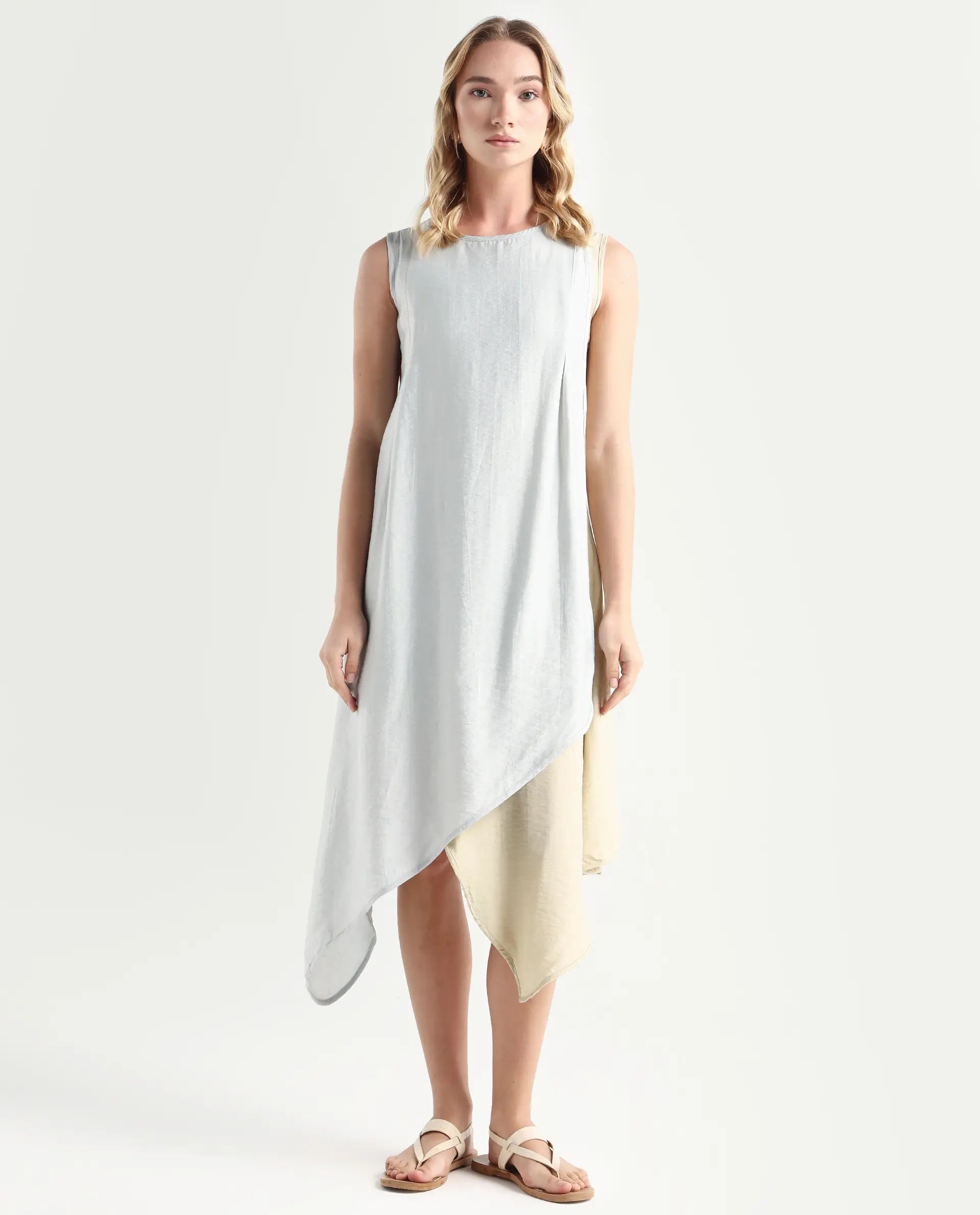 Rareism Women's Xavier Blue Boat Neck Plain Sleeveless Knee Length Regular Fit Dress