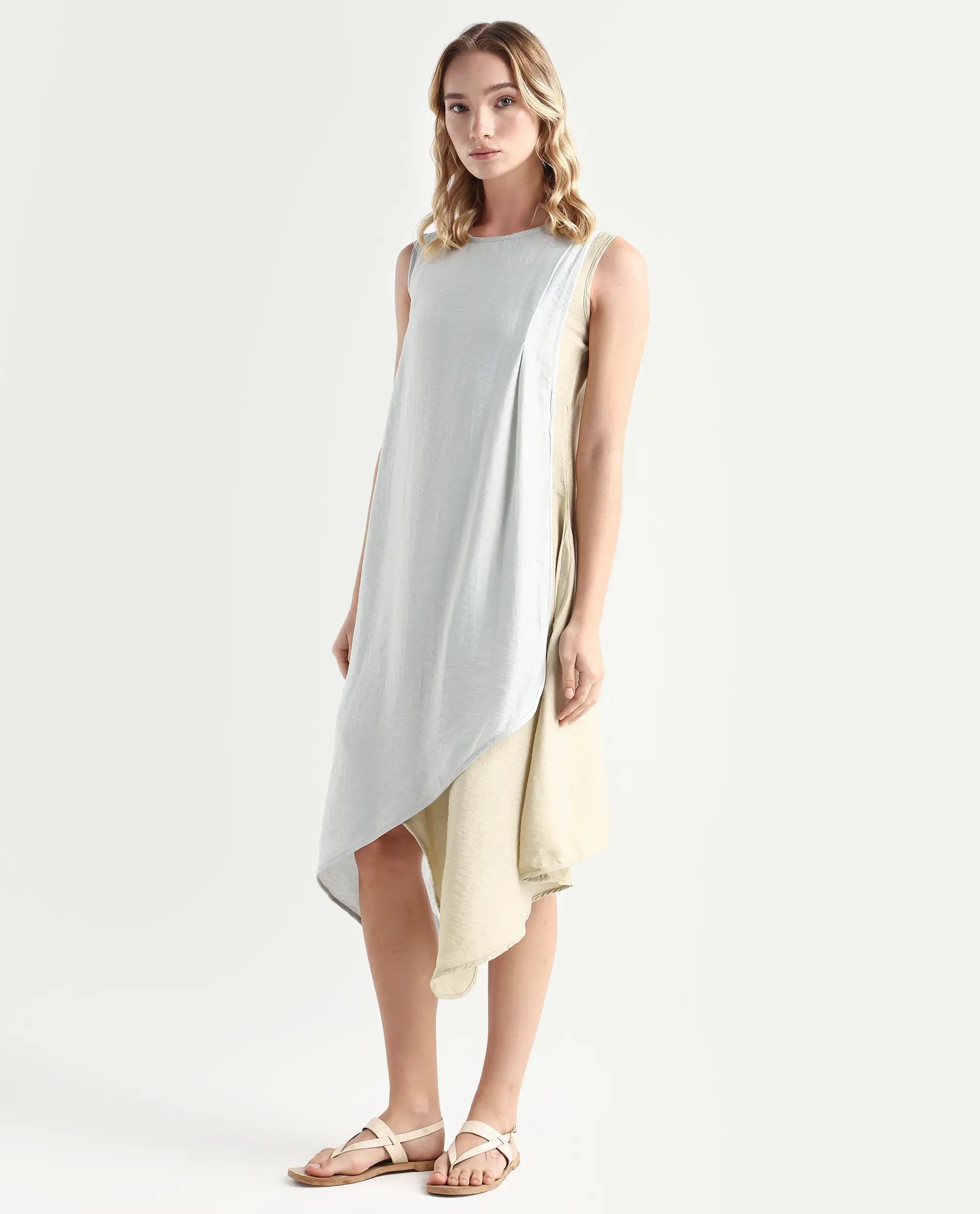 Rareism Women's Xavier Blue Boat Neck Plain Sleeveless Knee Length Regular Fit Dress