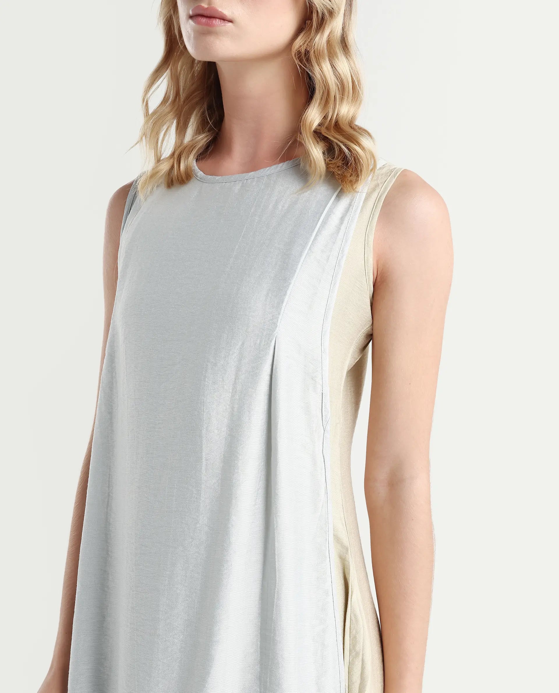 Rareism Women's Xavier Blue Boat Neck Plain Sleeveless Knee Length Regular Fit Dress