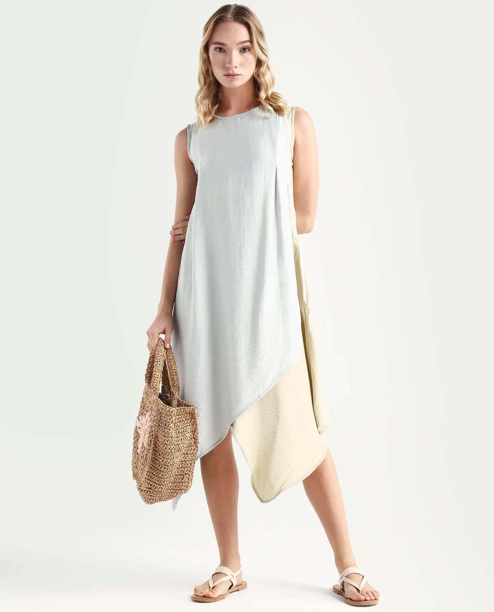 Rareism Women's Xavier Blue Boat Neck Plain Sleeveless Knee Length Regular Fit Dress