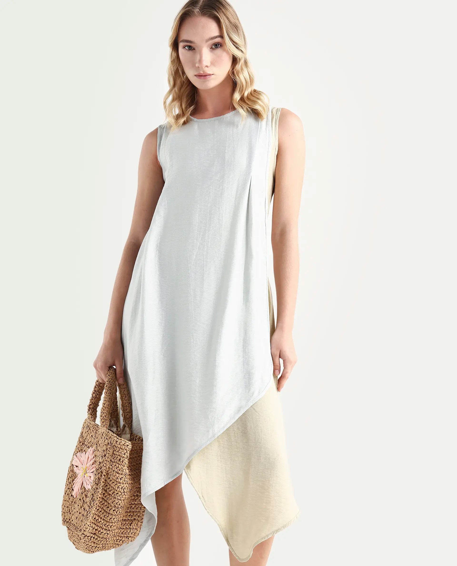 Rareism Women's Xavier Blue Boat Neck Plain Sleeveless Knee Length Regular Fit Dress