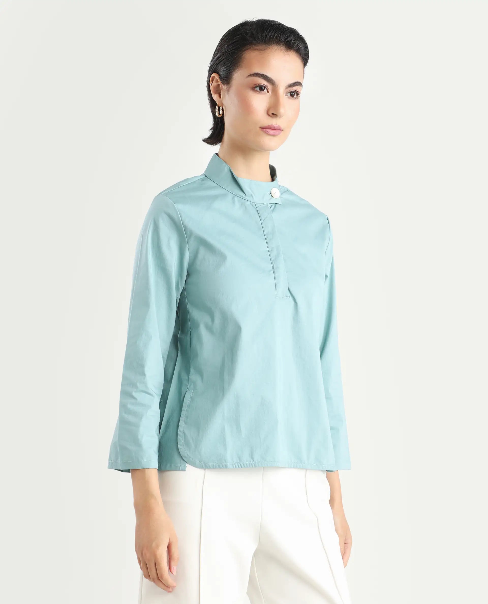 Rareism Women's Horhay Green Cotton Blend Mandarin Collar Plain Relaxed Fit Top