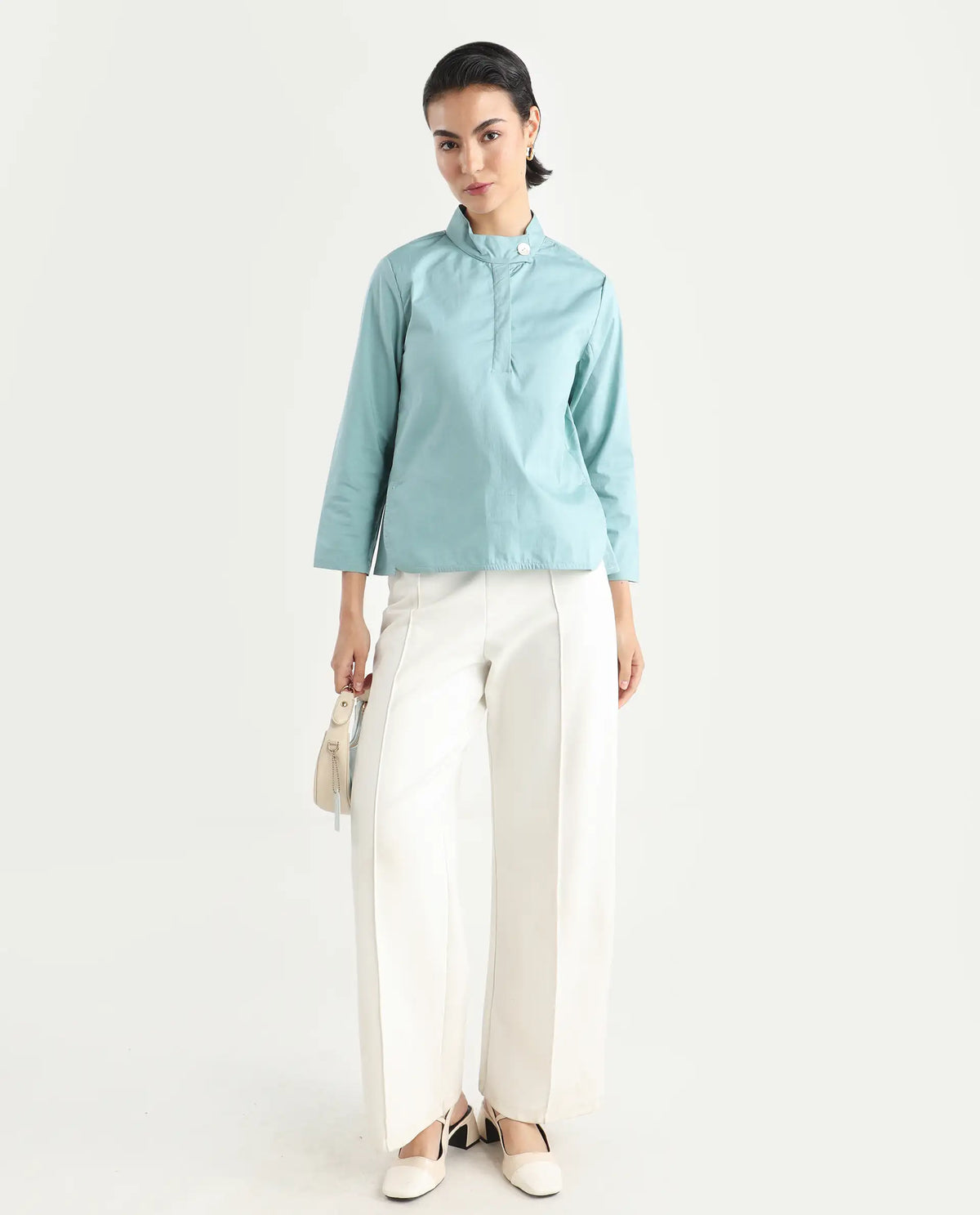 Rareism Women's Horhay Green Cotton Blend Mandarin Collar Plain Relaxed Fit Top