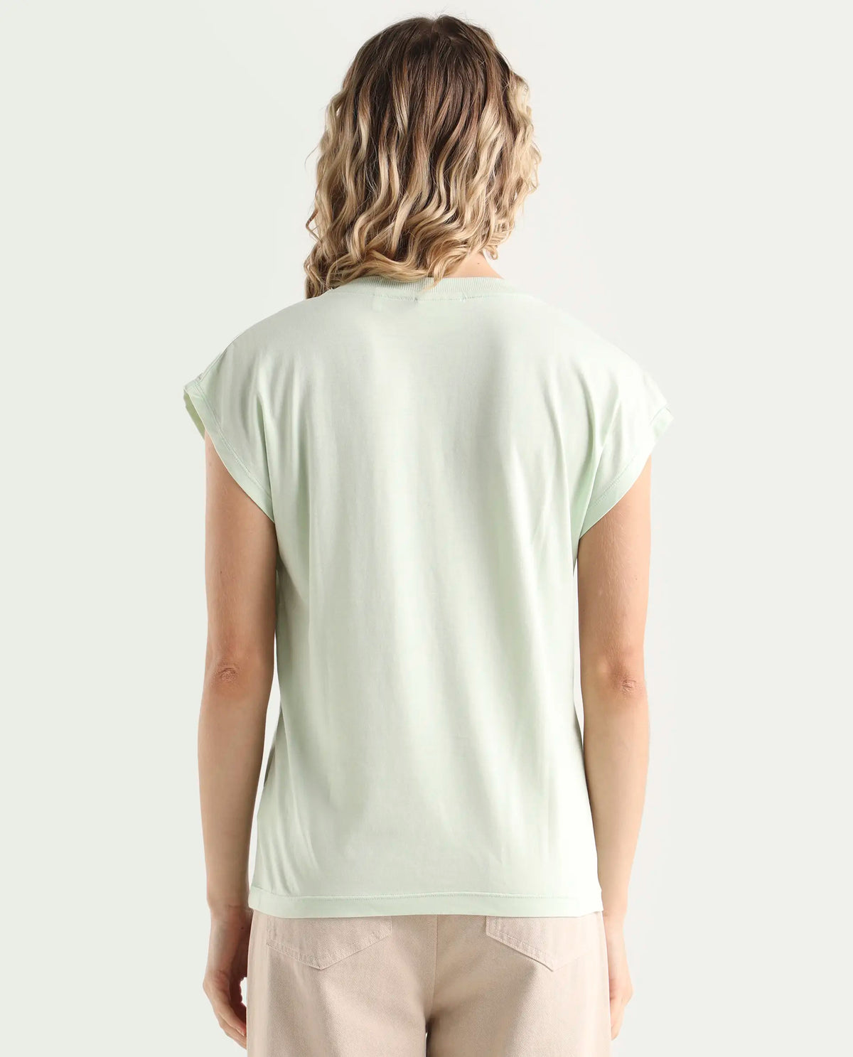 Rareism Women's Debra Green Cotton Crew Neck Plain Regular Fit T-Shirt