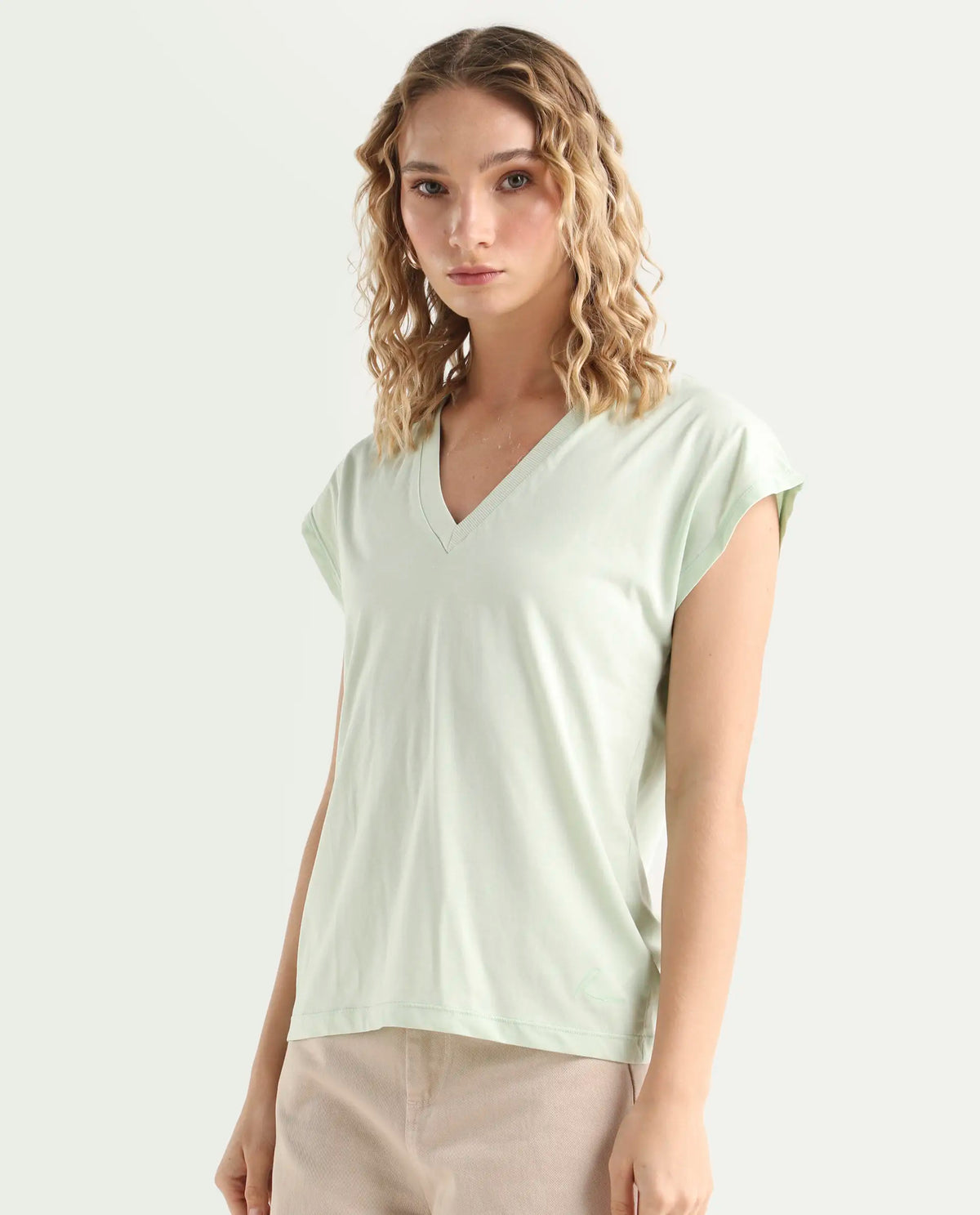 Rareism Women's Debra Green Cotton Crew Neck Plain Regular Fit T-Shirt