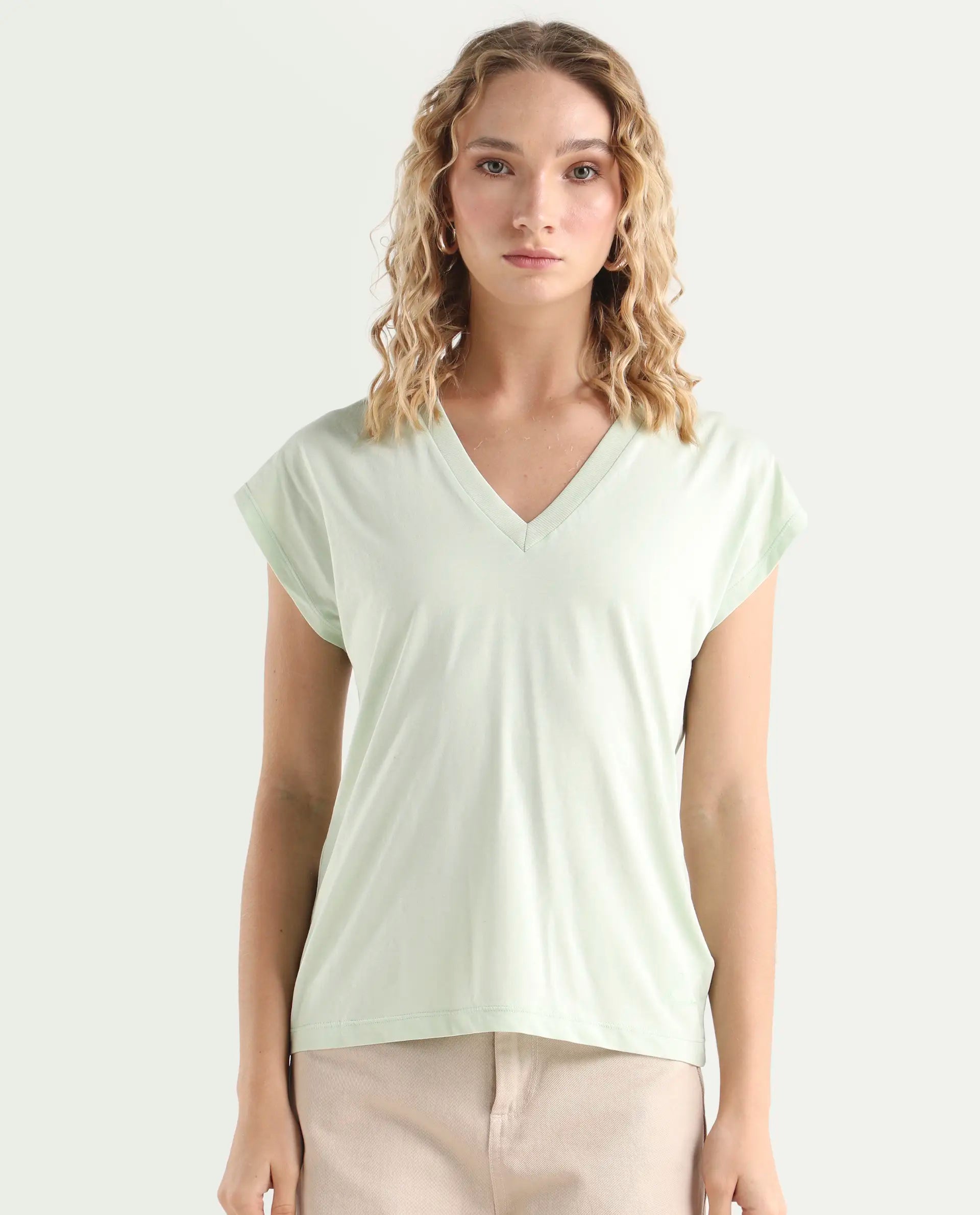 Rareism Women's Debra Green Cotton Crew Neck Plain Regular Fit T-Shirt