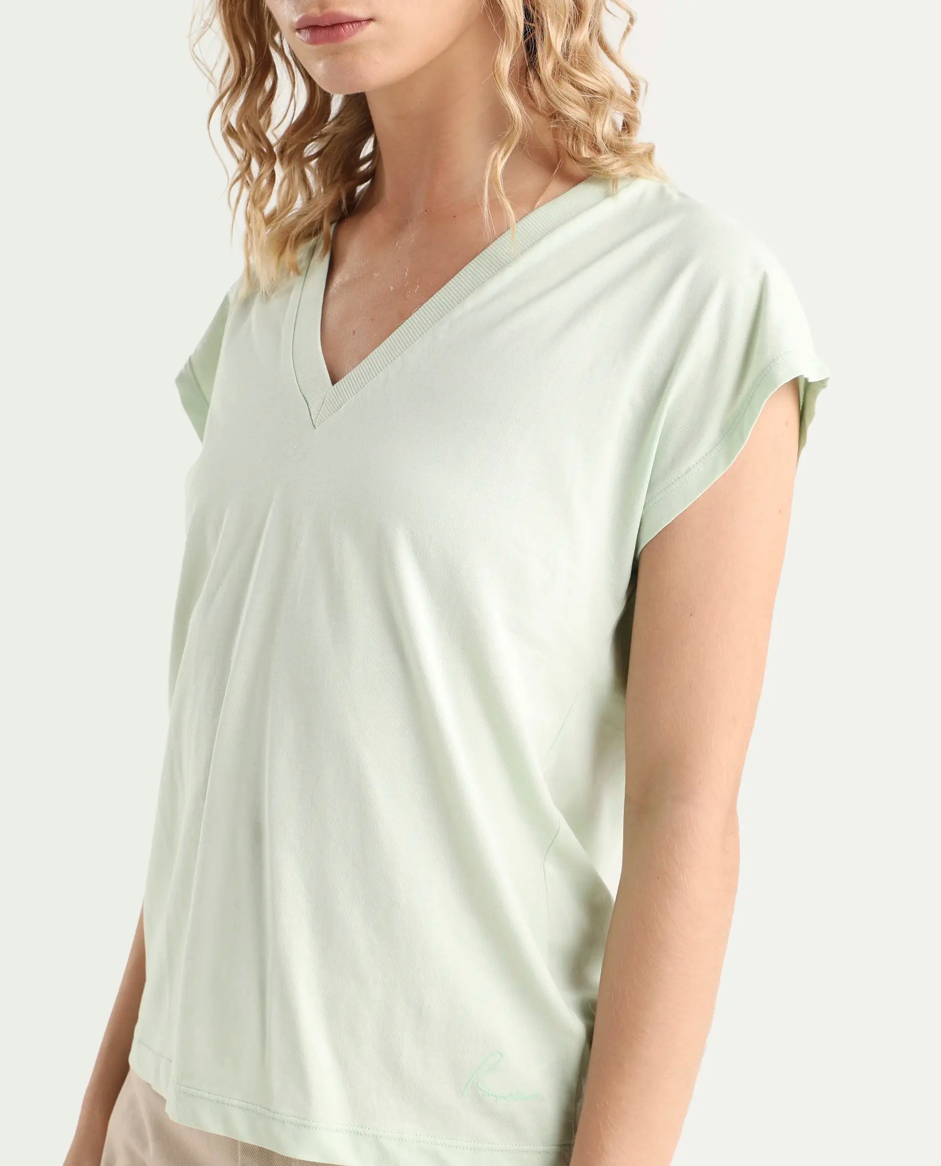Rareism Women's Debra Green Cotton Crew Neck Plain Regular Fit T-Shirt