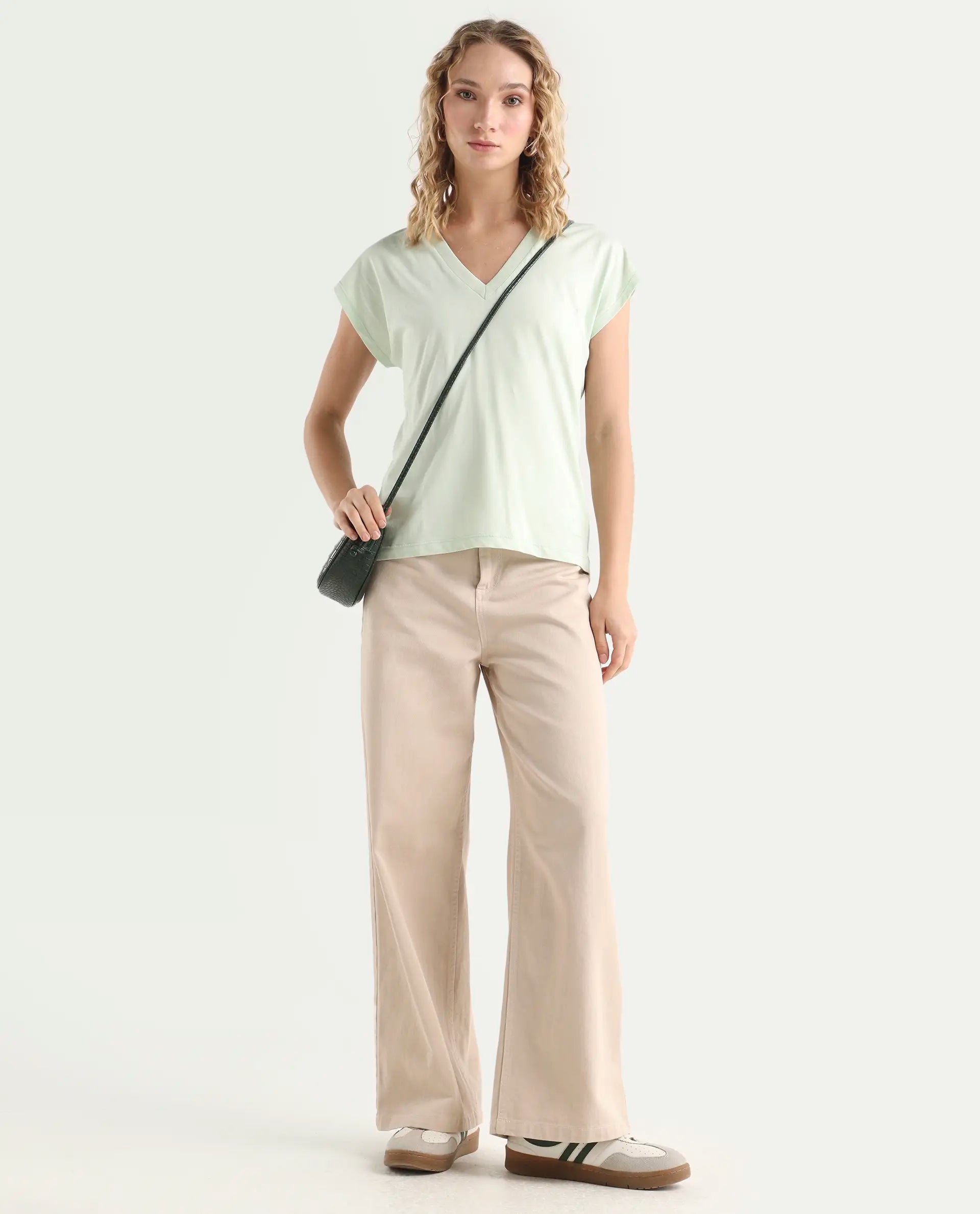 Rareism Women's Debra Green Cotton Crew Neck Plain Regular Fit T-Shirt