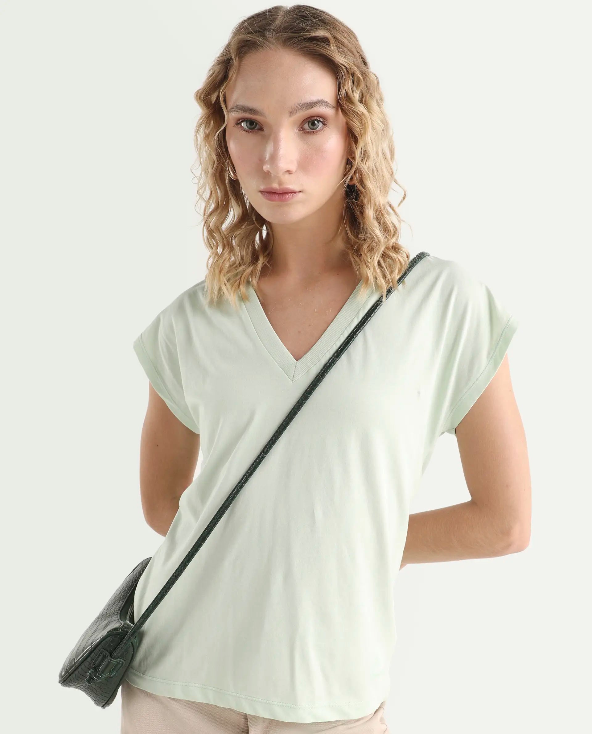 Rareism Women's Debra Green Cotton Crew Neck Plain Regular Fit T-Shirt