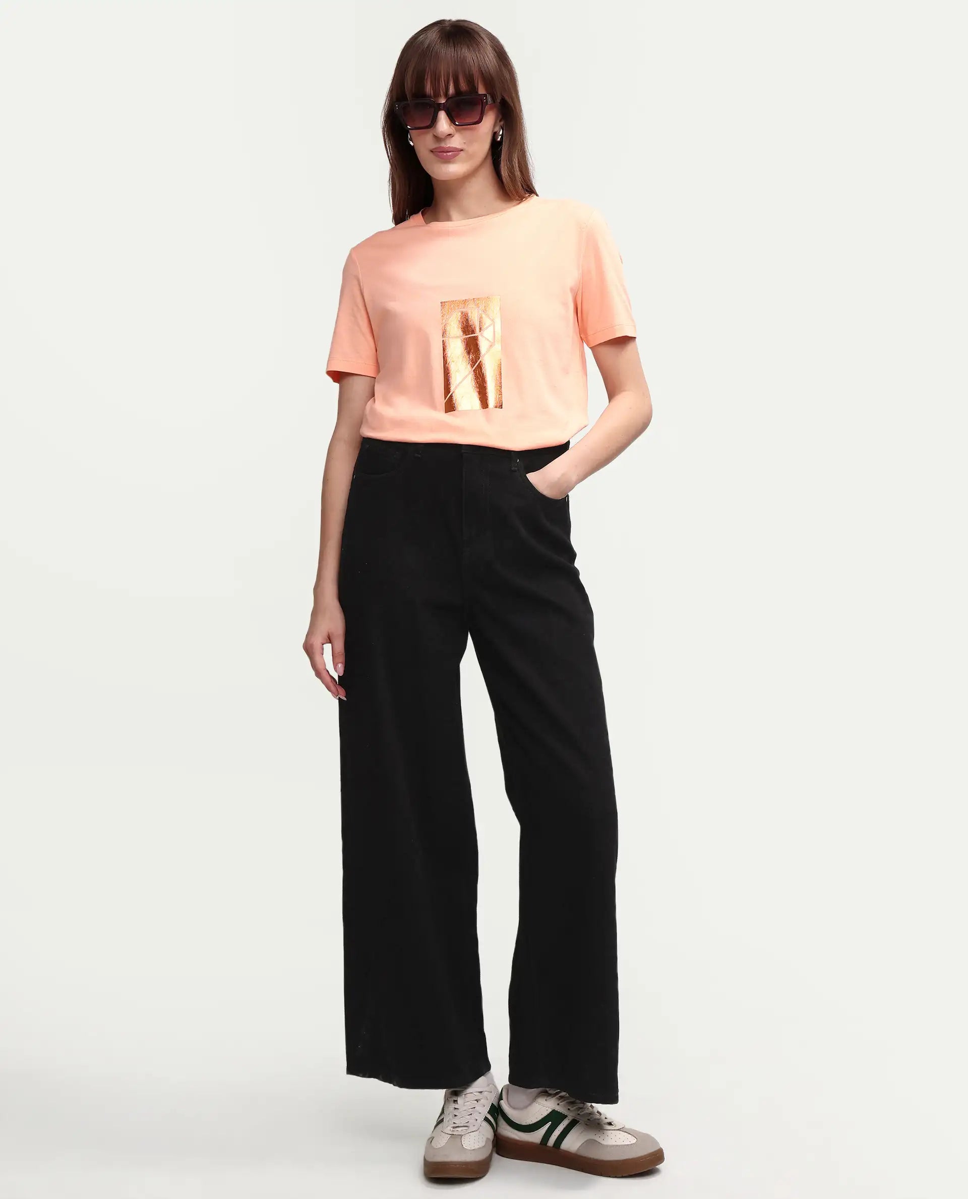 Rareism Women's Gulf Peach Cotton Crew Neck Graphic Print Regular Fit T-Shirt