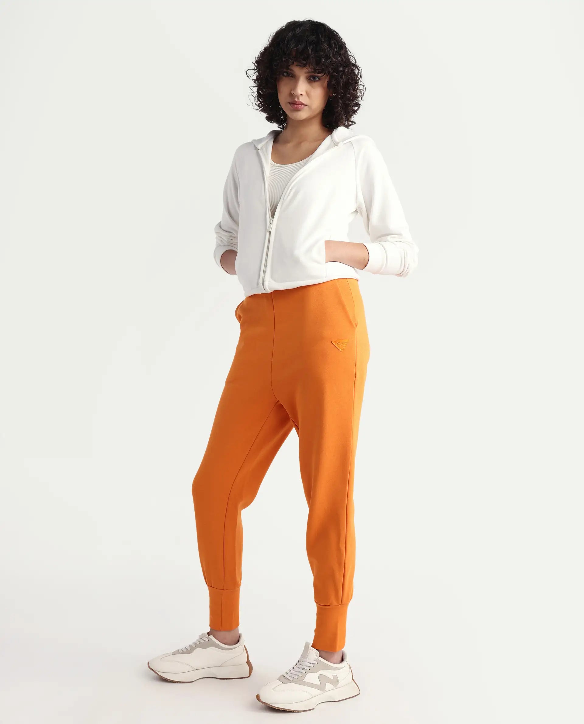 Rareism Women's Simp-1 Orange Polyester Blend Plain Ankle Length Tailored Track Pant
