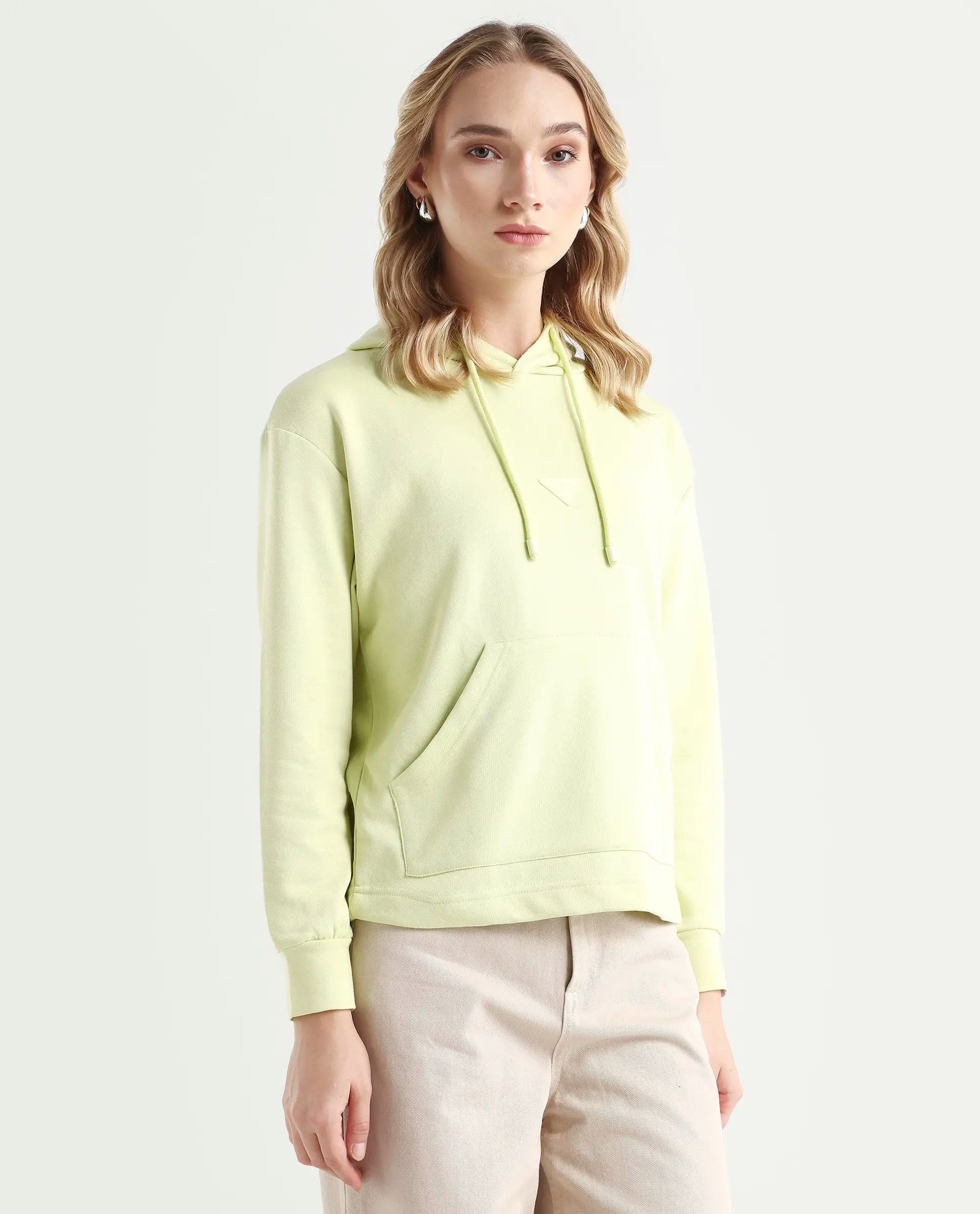 Rareism Women's Wally-1 Green Cotton Blend Hooded Plain Relaxed Fit Sweatshirt