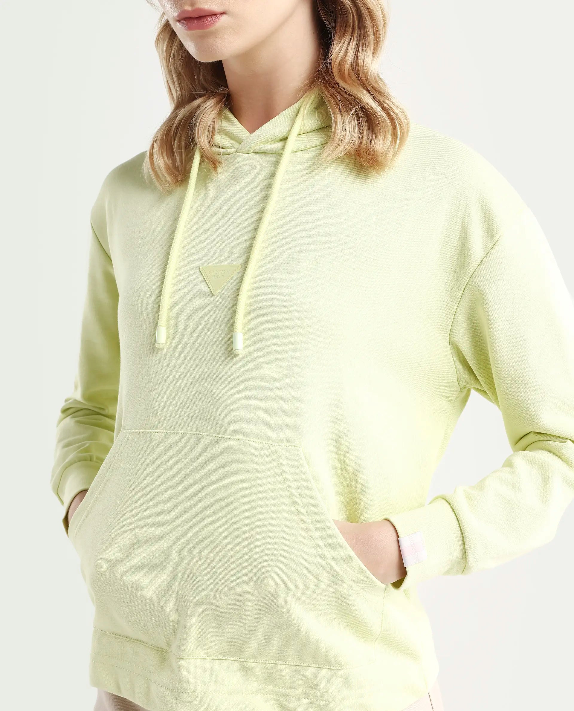 Rareism Women's Wally-1 Green Cotton Blend Hooded Plain Relaxed Fit Sweatshirt