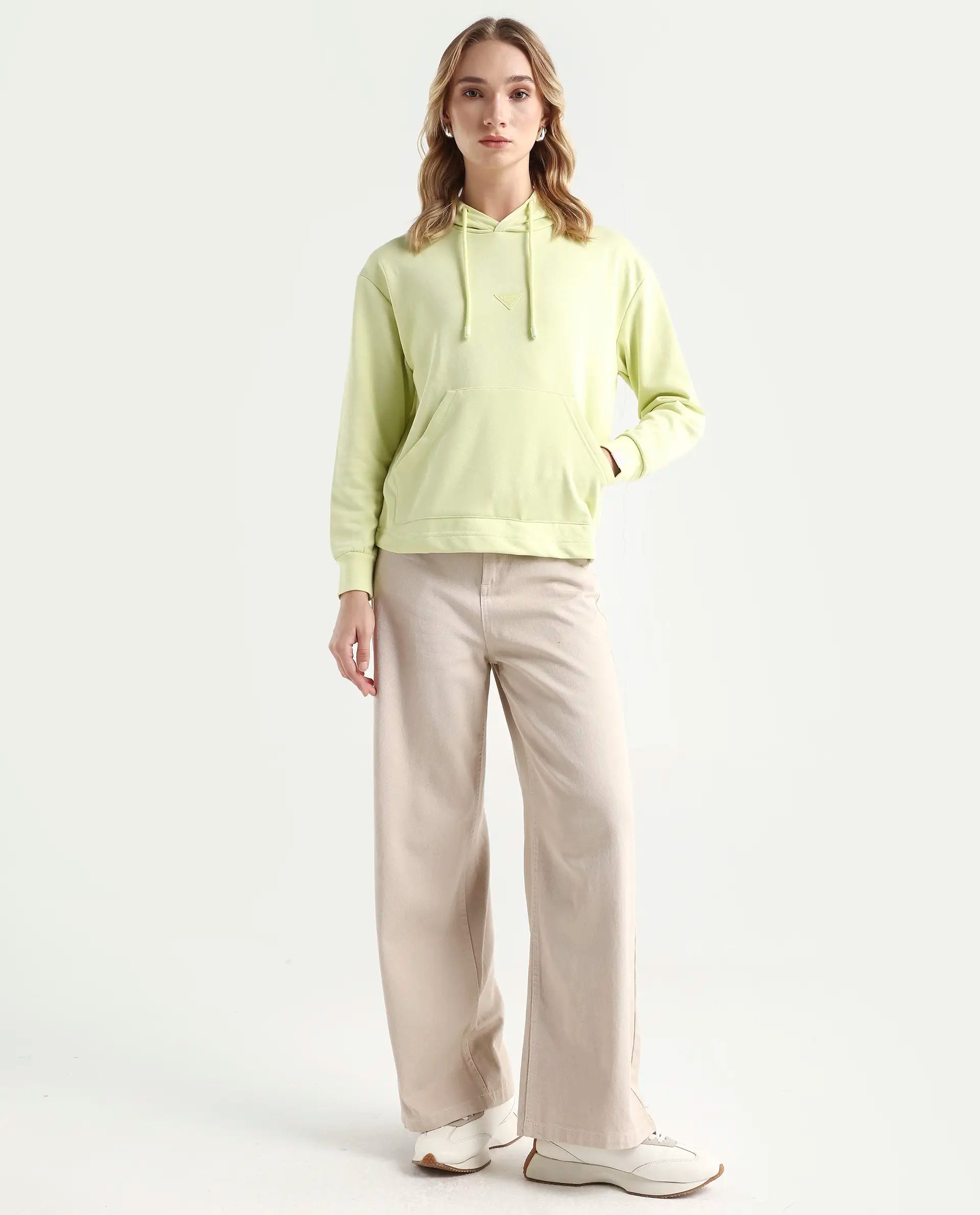 Rareism Women's Wally-1 Green Cotton Blend Hooded Plain Relaxed Fit Sweatshirt