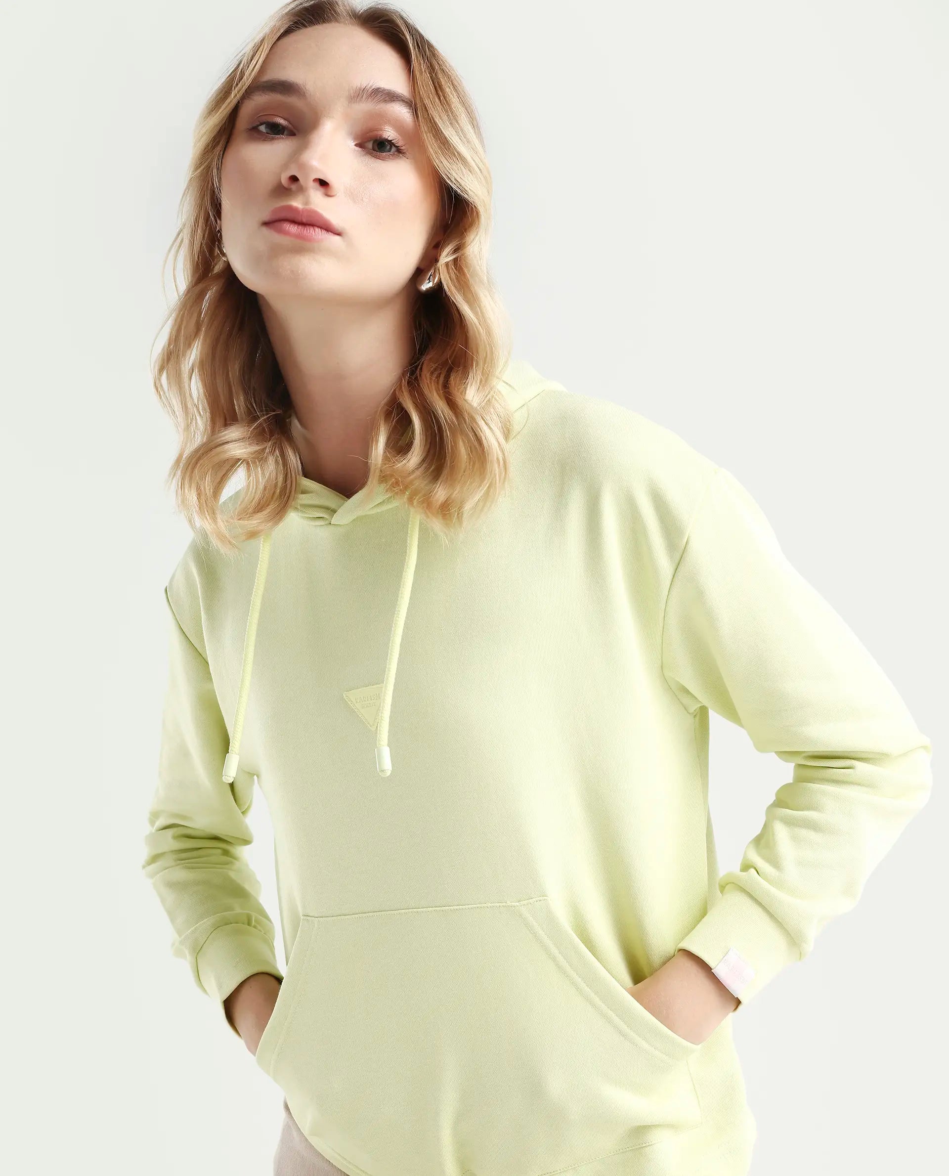 Rareism Women's Wally-1 Green Cotton Blend Hooded Plain Relaxed Fit Sweatshirt