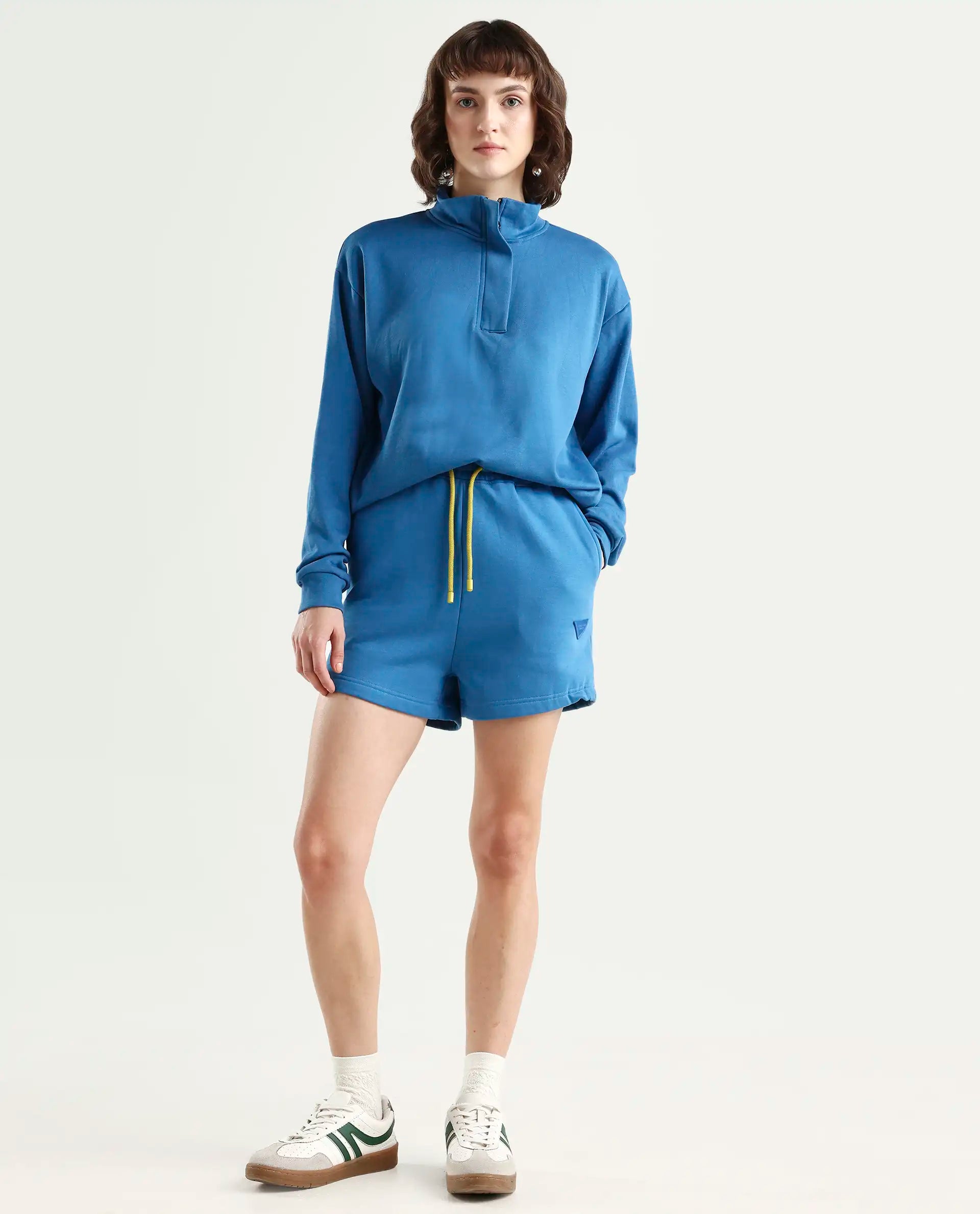 Rareism Women's Spence-1 Blue Polyester Blend Plain Mini Regular Fit Shorts