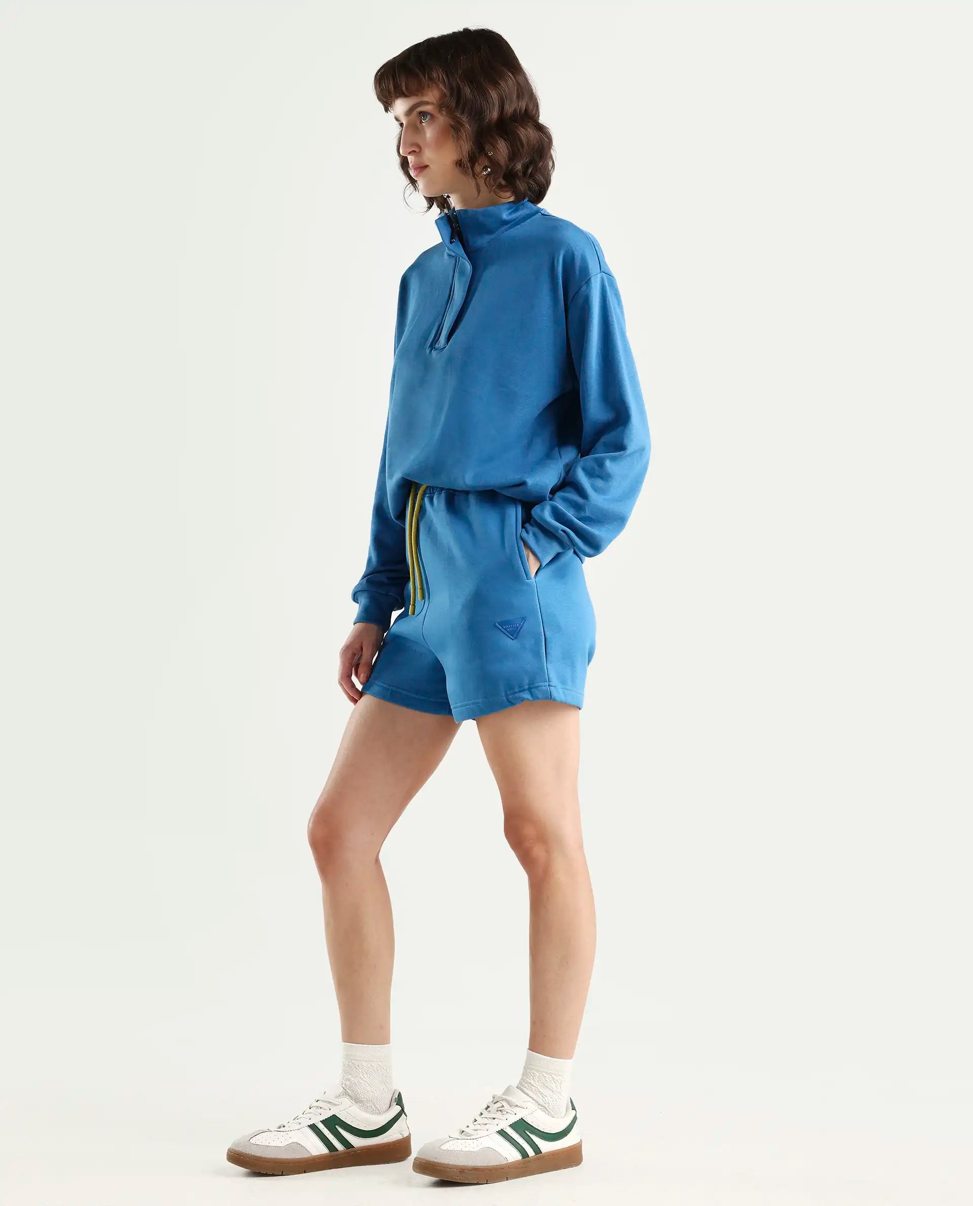 Rareism Women's Spence-1 Blue Polyester Blend Plain Mini Regular Fit Shorts