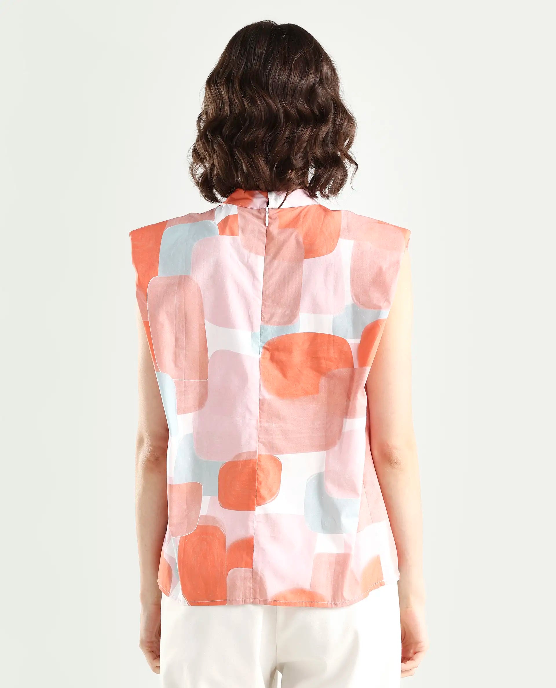 Rareism Women's Diegon Peach High Neck Abstract Print Sleeveless Regular Fit Top