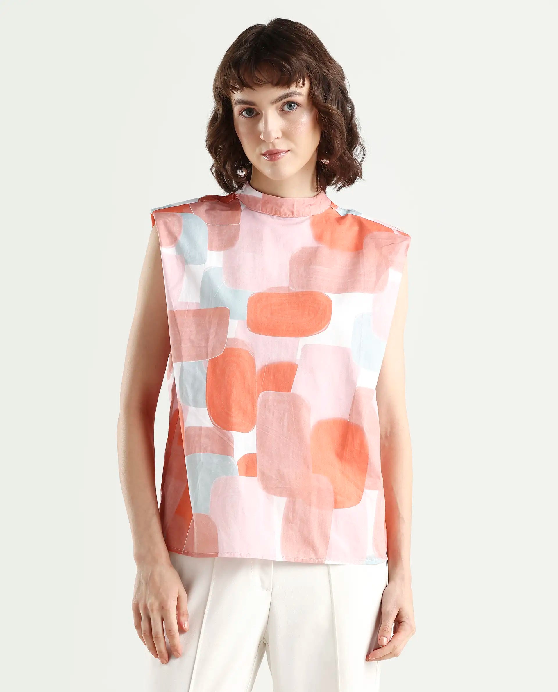 Rareism Women's Diegon Peach High Neck Abstract Print Sleeveless Regular Fit Top