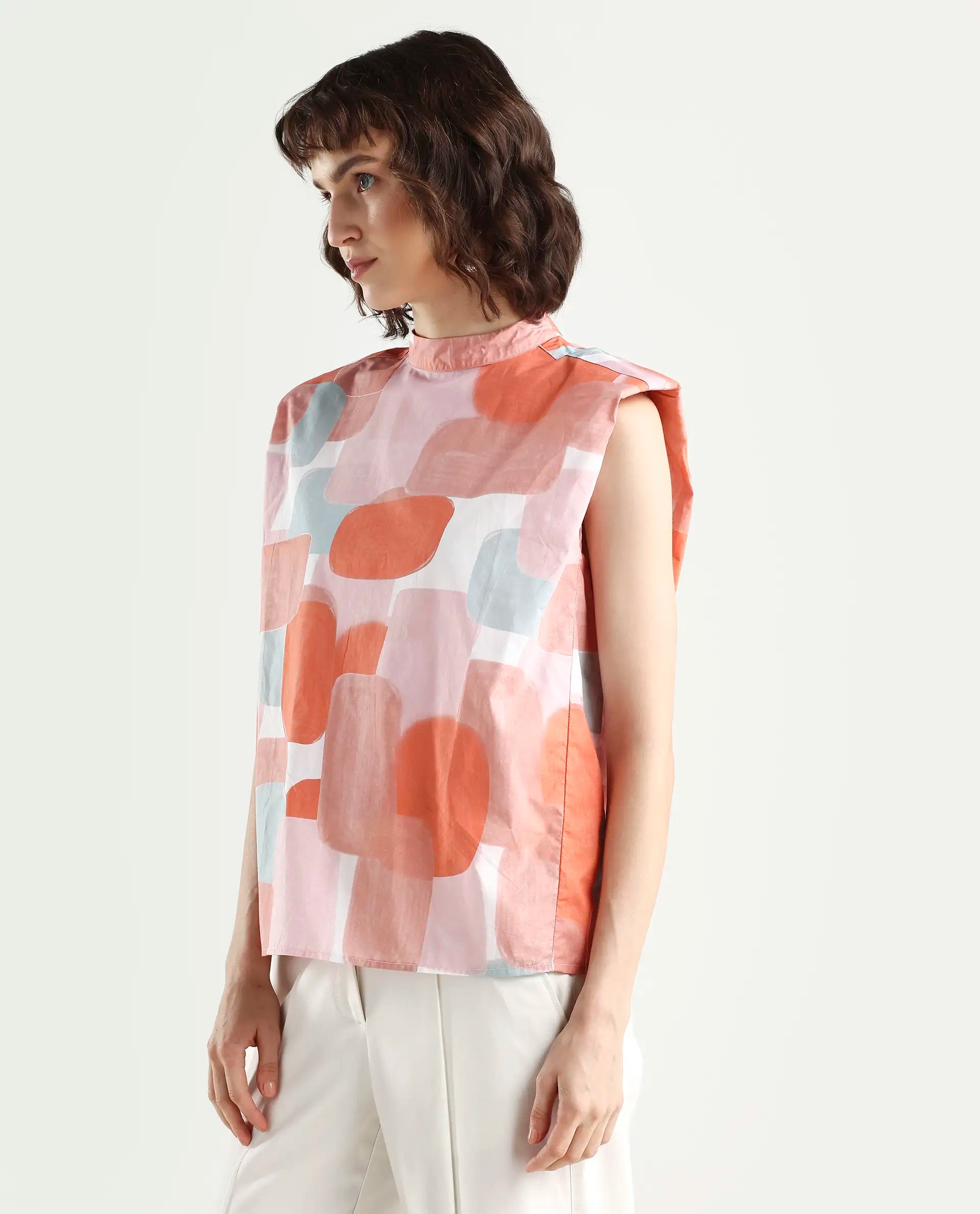 Rareism Women's Diegon Peach High Neck Abstract Print Sleeveless Regular Fit Top