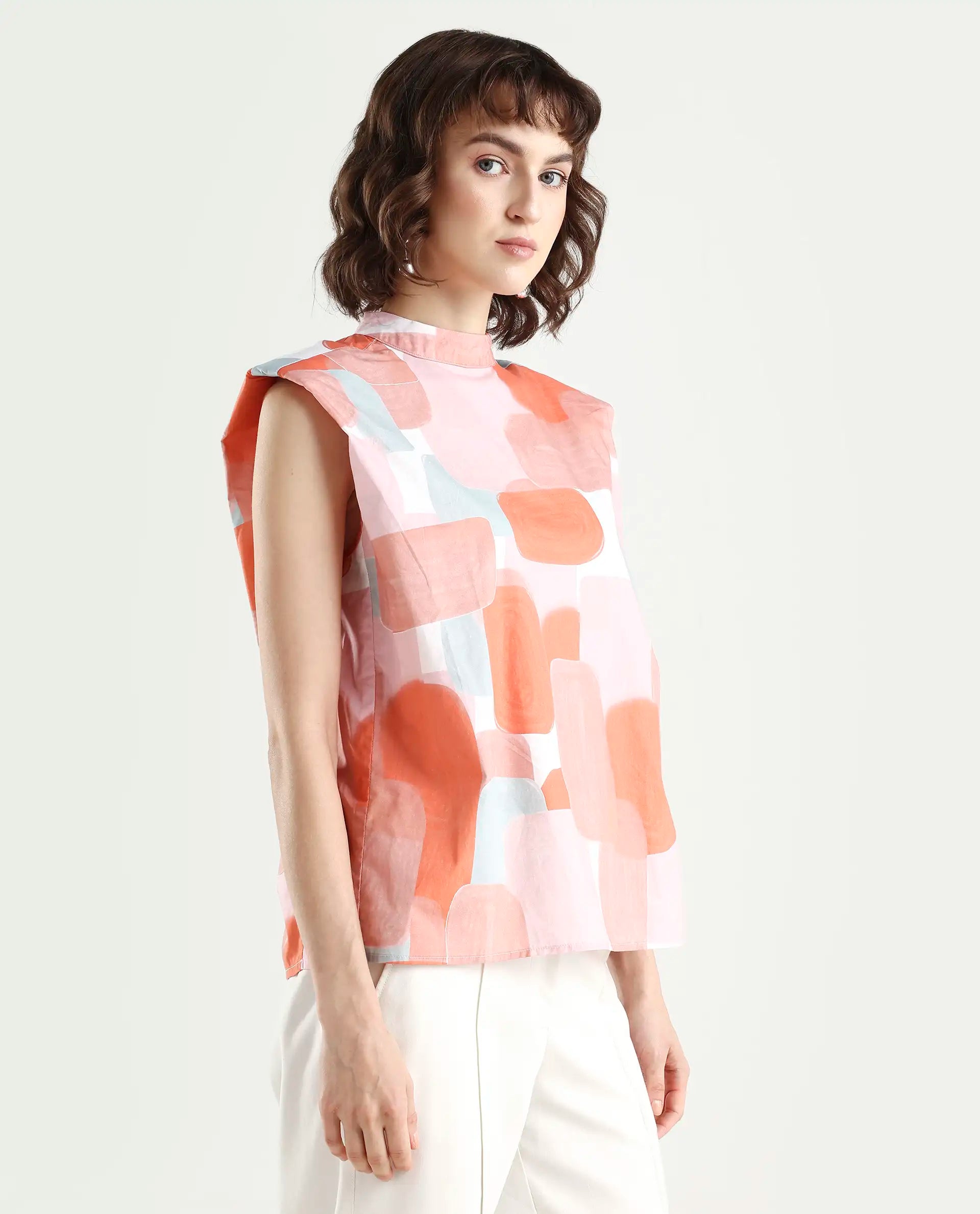 Rareism Women's Diegon Peach High Neck Abstract Print Sleeveless Regular Fit Top