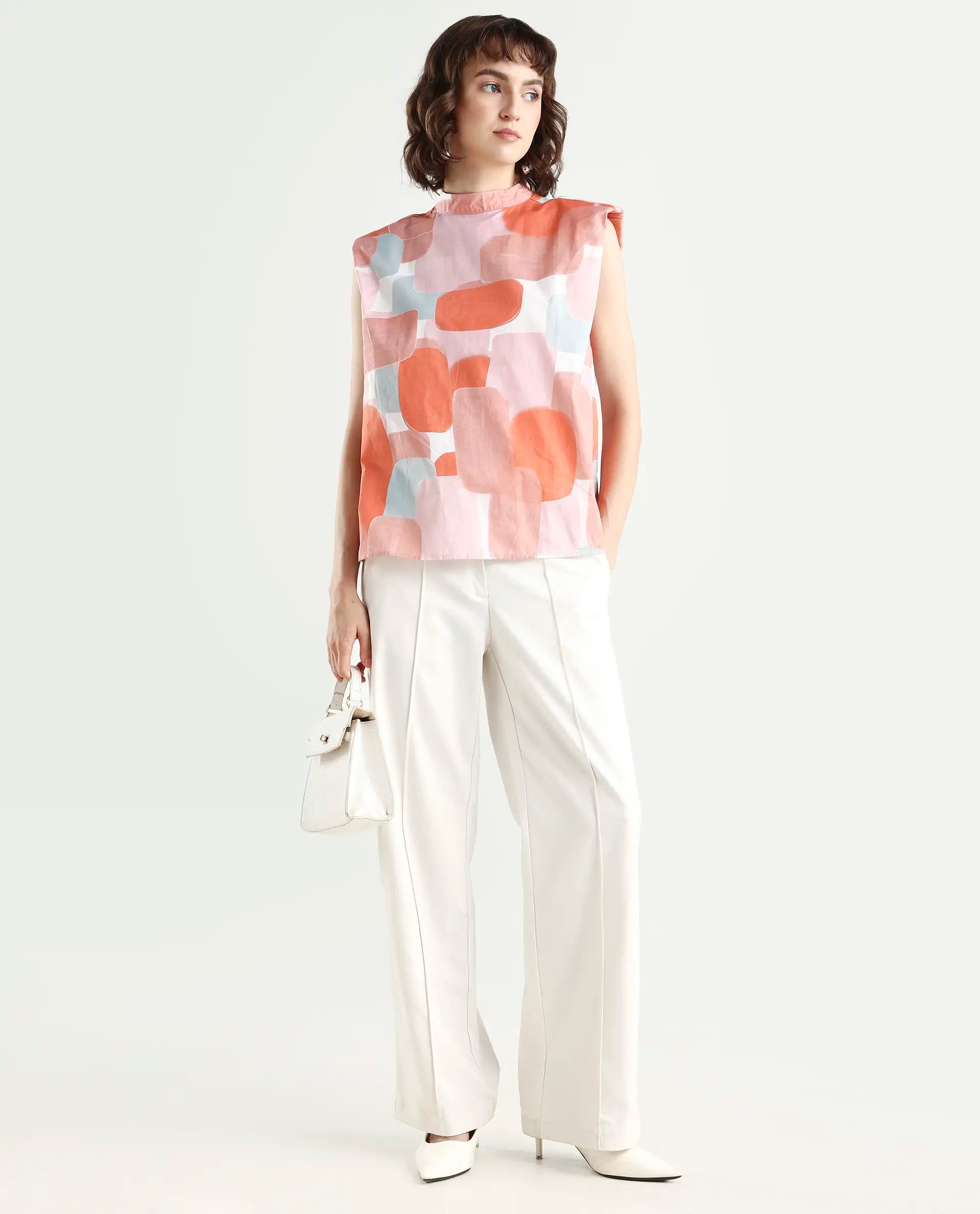 Rareism Women's Diegon Peach High Neck Abstract Print Sleeveless Regular Fit Top