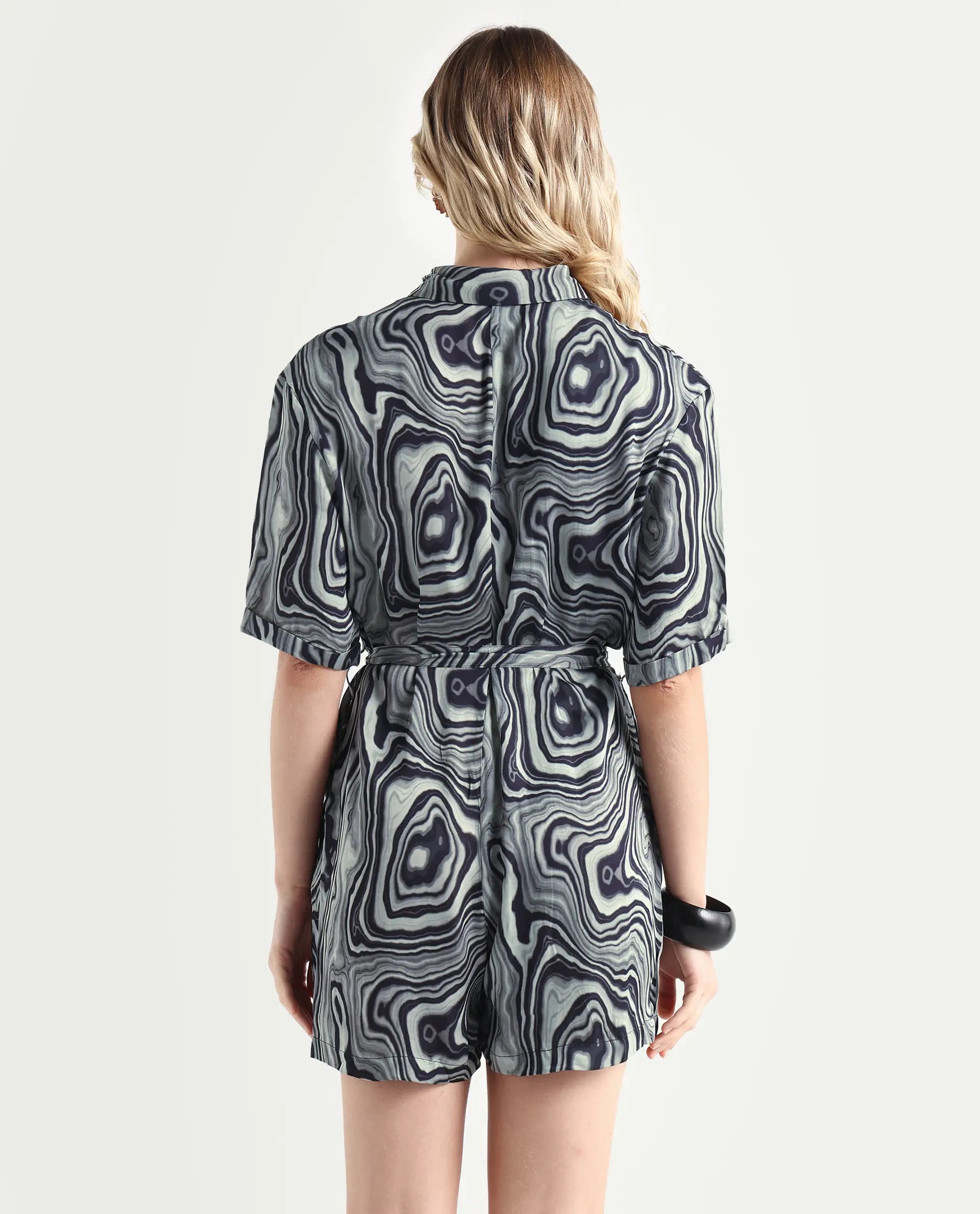 Rareism Women's Santa Black Modal Blend Spread Collar Abstract Print Regular Fit Playsuit