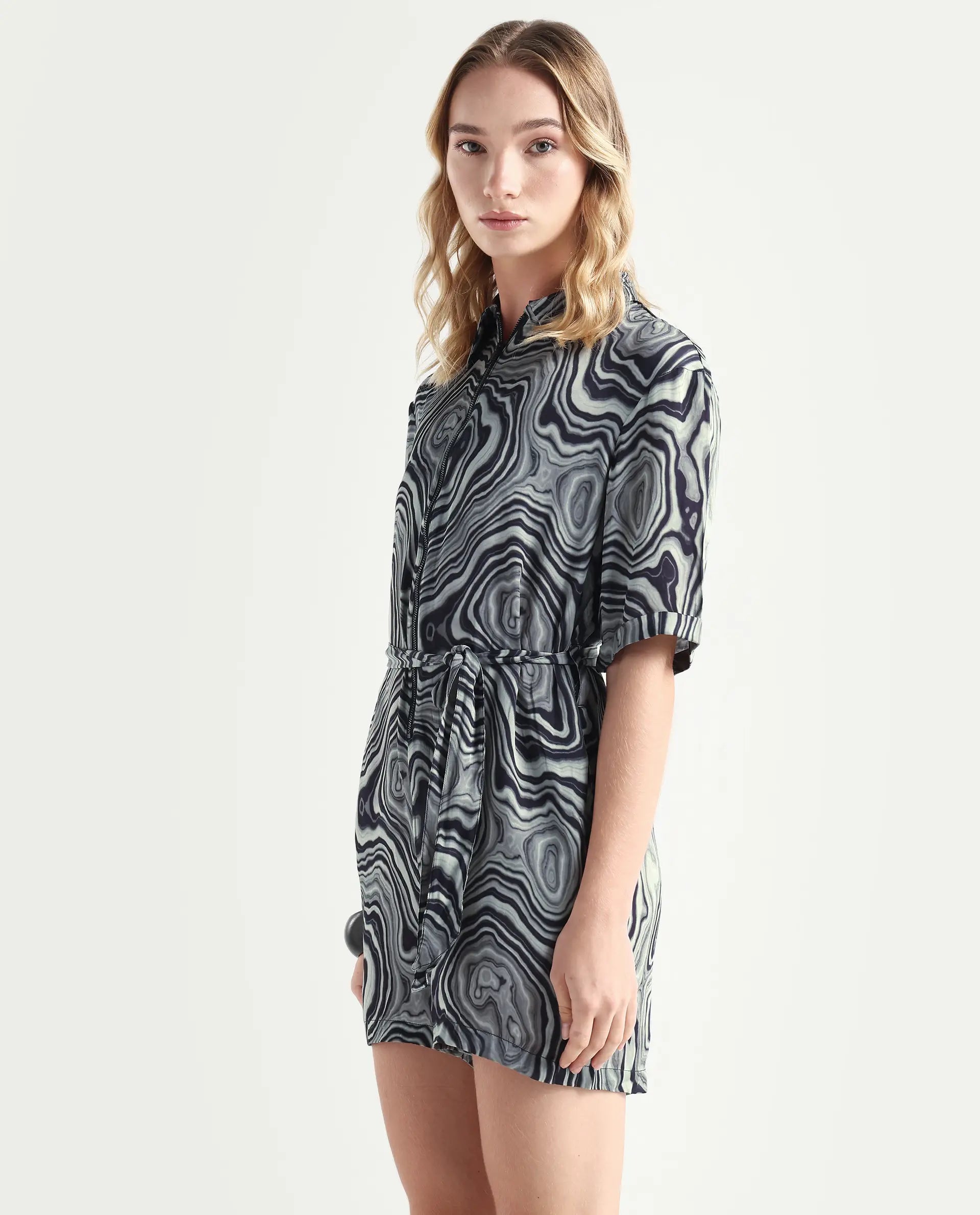 Rareism Women's Santa Black Modal Blend Spread Collar Abstract Print Regular Fit Playsuit