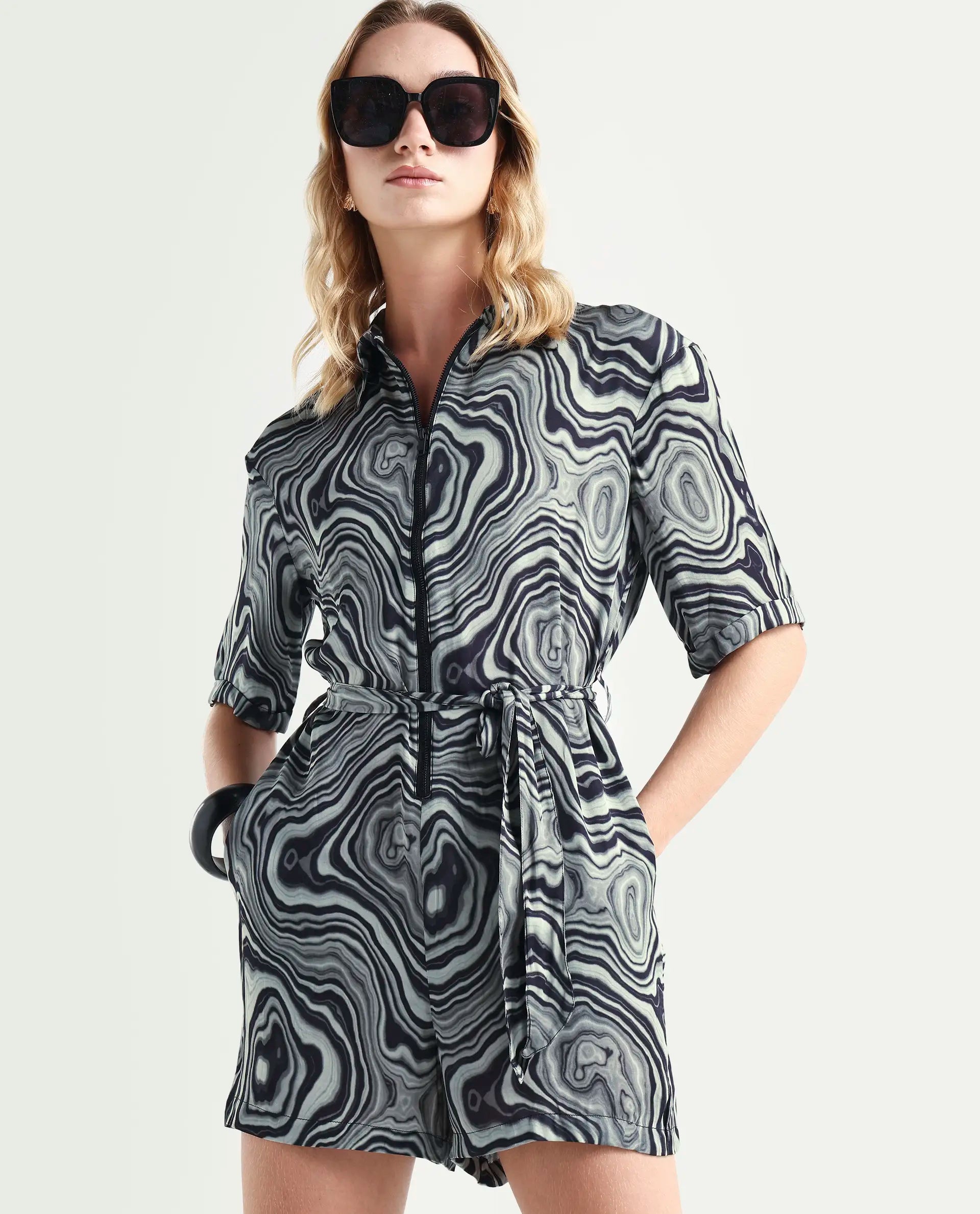 Rareism Women's Santa Black Modal Blend Spread Collar Abstract Print Regular Fit Playsuit