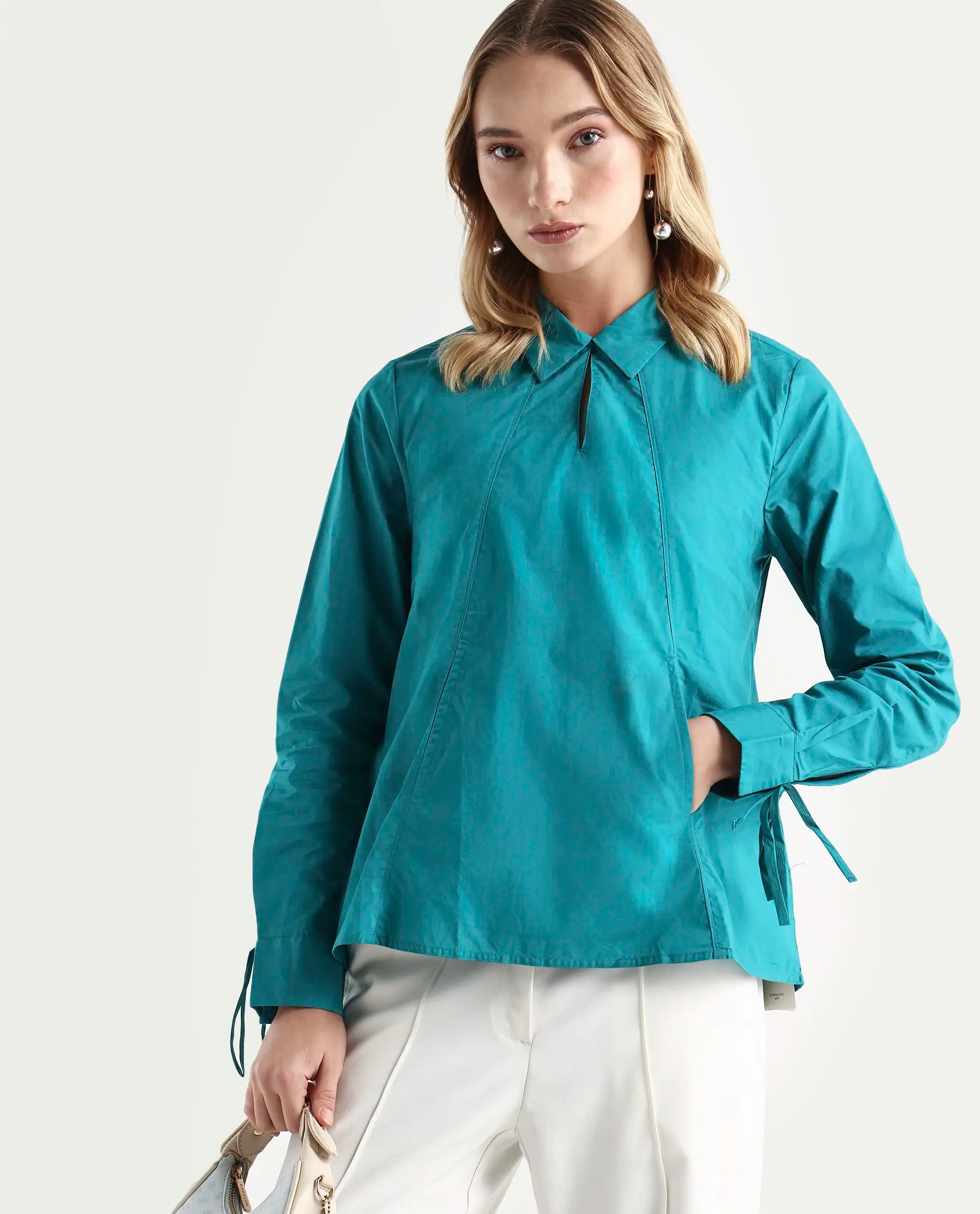 Rareism Women's Merge Petrol Cotton Spread Collar Plain Tailored Top