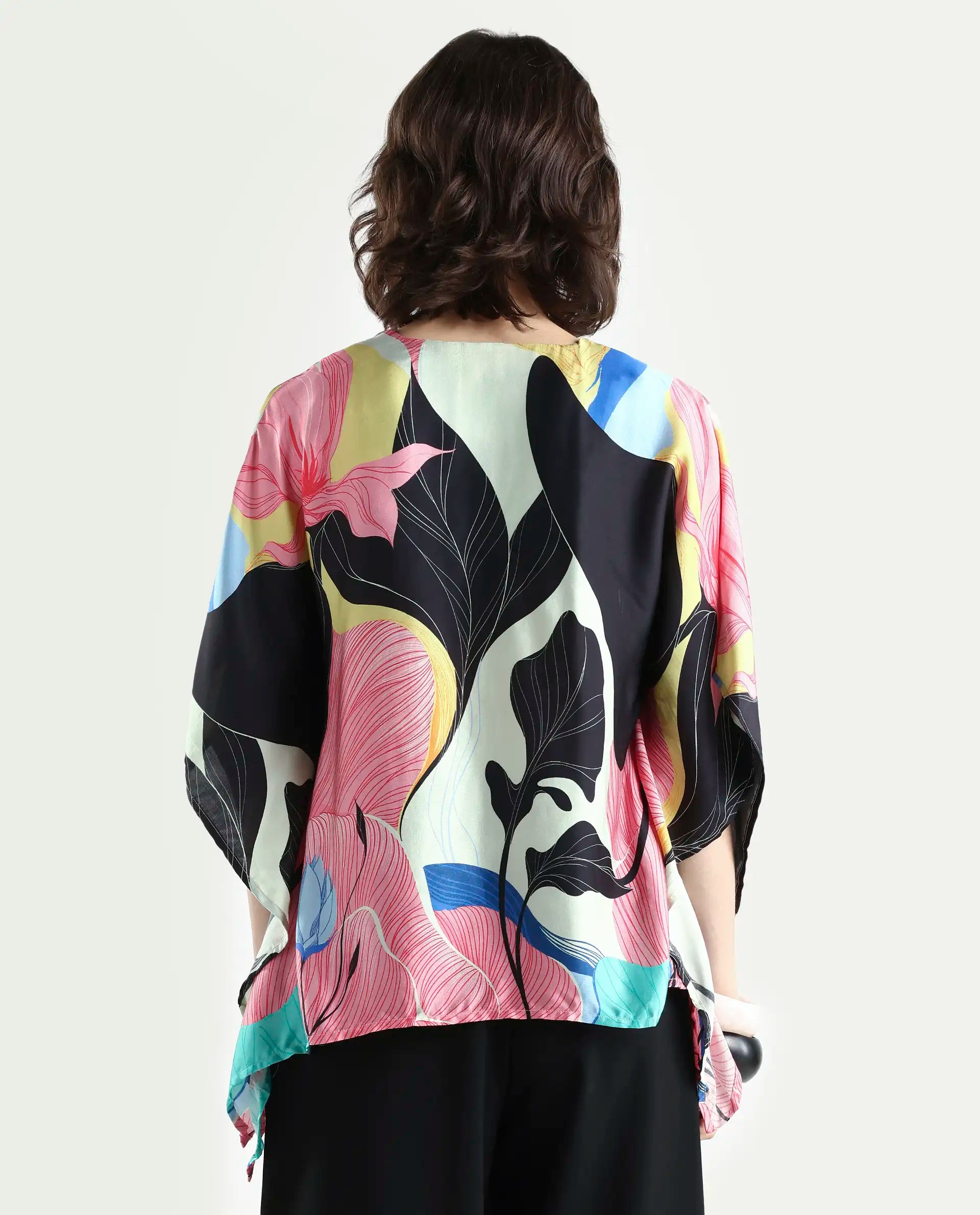 Rareism Women's Palace Offwhite Modal Blend V-Neck Abstract Print Bell Sleeve Relaxed Fit Top