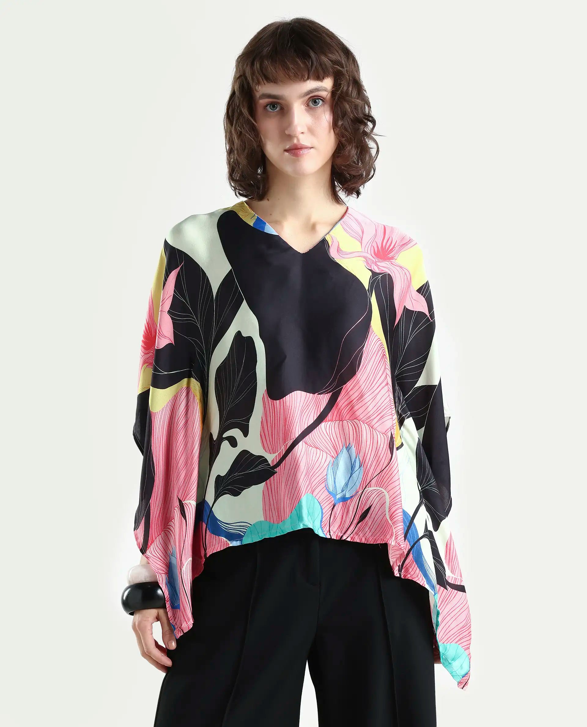 Rareism Women's Palace Offwhite Modal Blend V-Neck Abstract Print Bell Sleeve Relaxed Fit Top