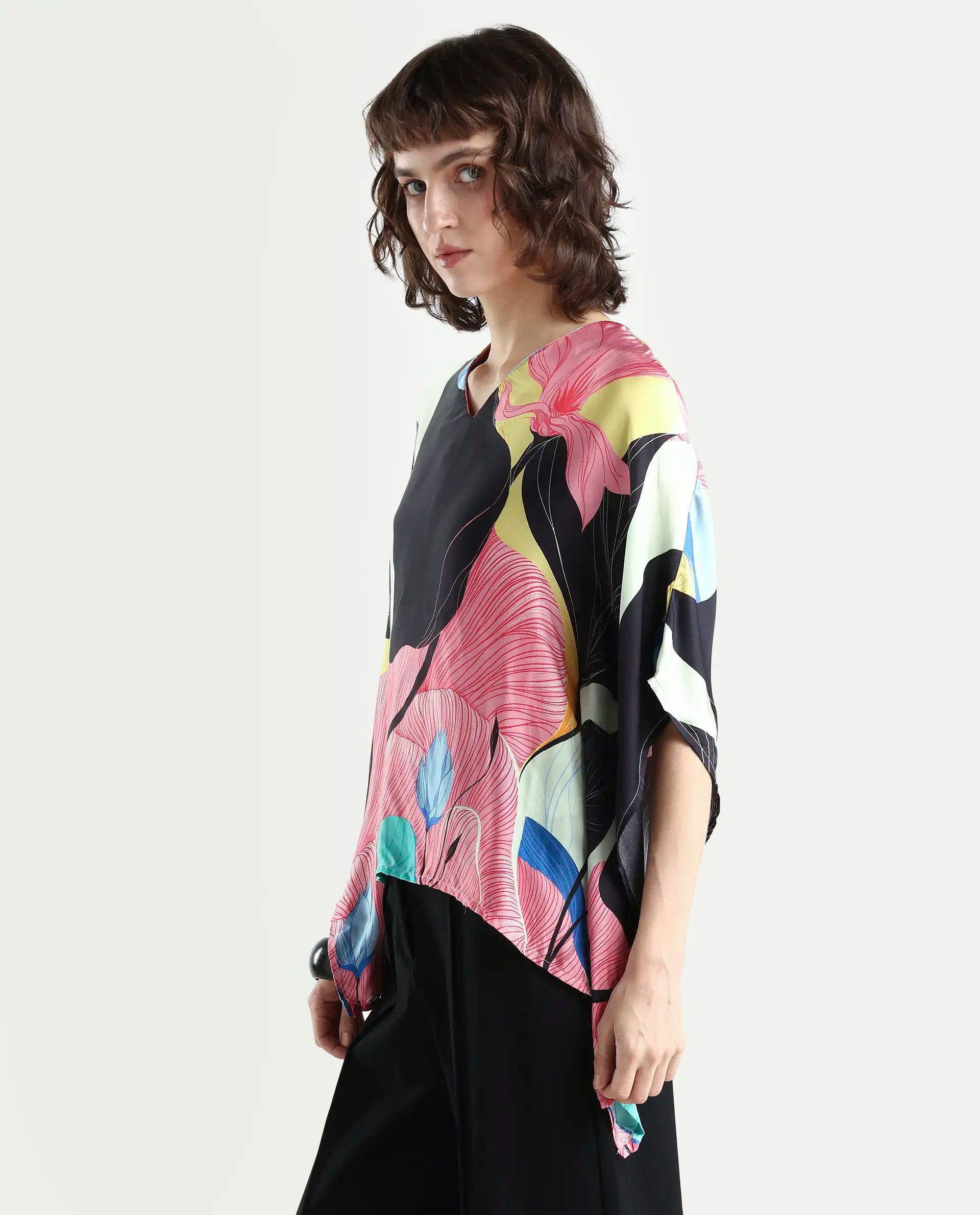 Rareism Women's Palace Offwhite Modal Blend V-Neck Abstract Print Bell Sleeve Relaxed Fit Top