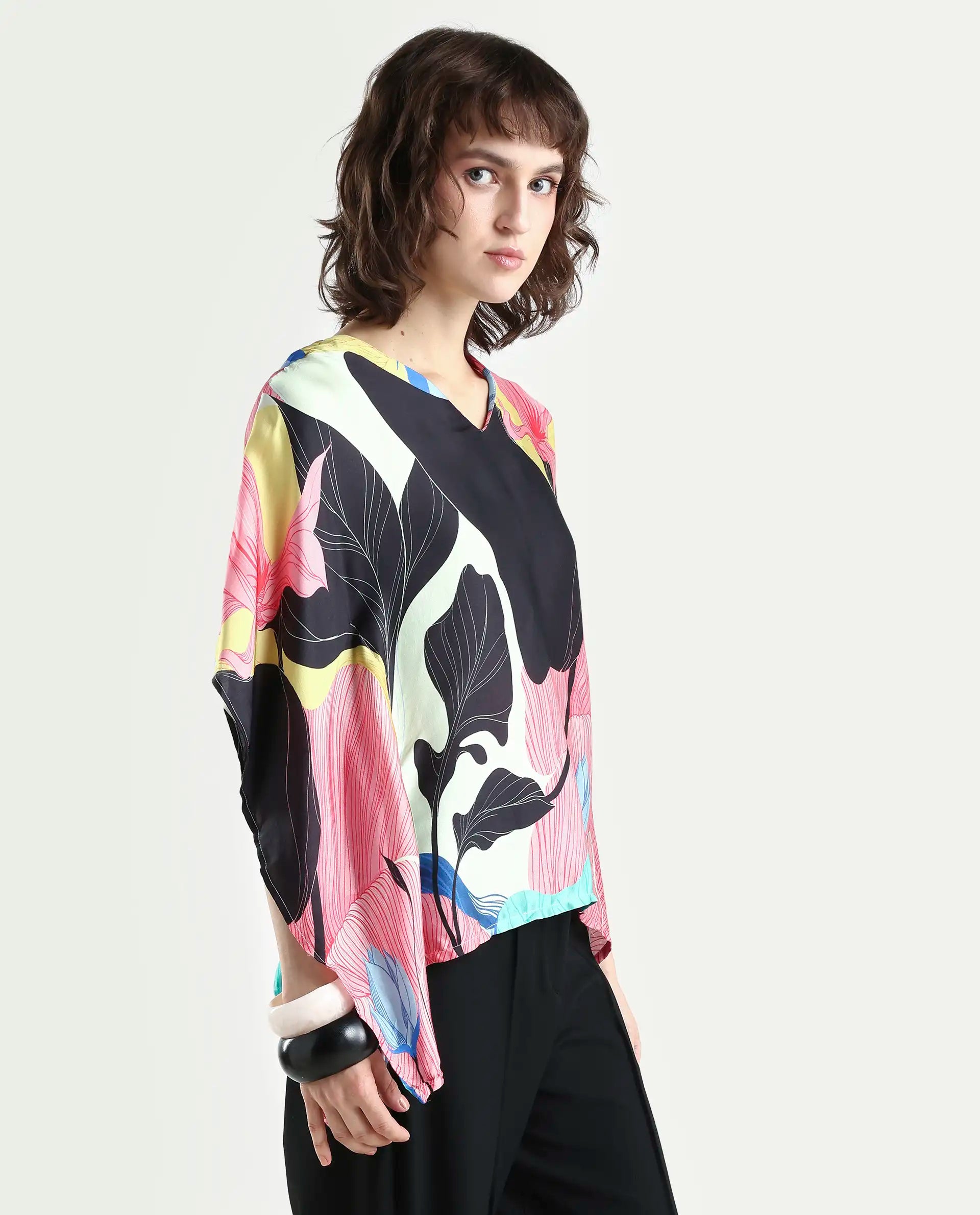 Rareism Women's Palace Offwhite Modal Blend V-Neck Abstract Print Bell Sleeve Relaxed Fit Top
