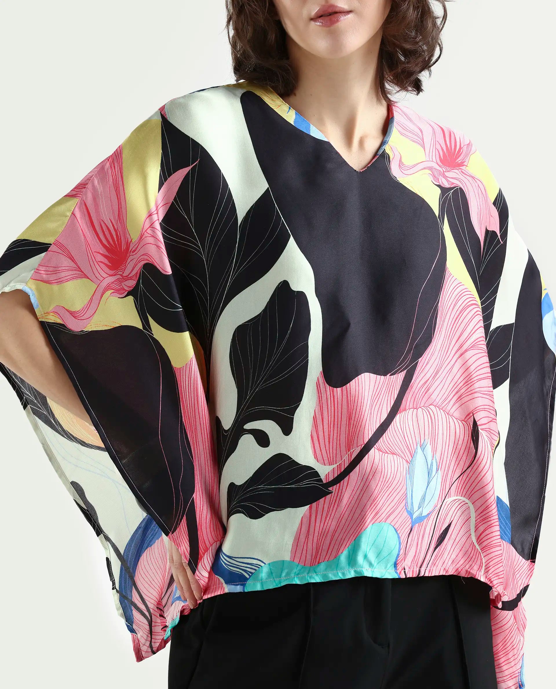 Rareism Women's Palace Offwhite Modal Blend V-Neck Abstract Print Bell Sleeve Relaxed Fit Top