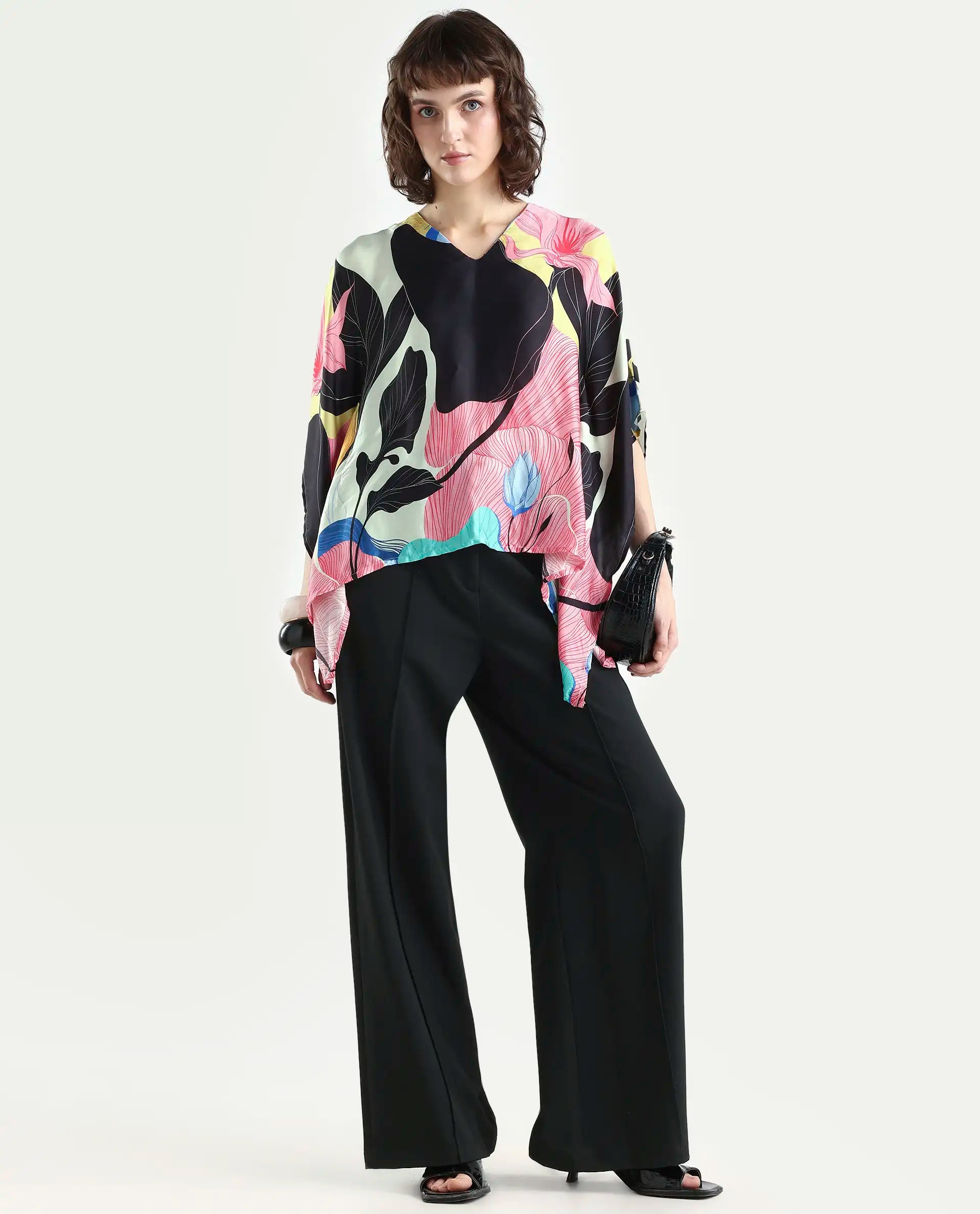 Rareism Women's Palace Offwhite Modal Blend V-Neck Abstract Print Bell Sleeve Relaxed Fit Top