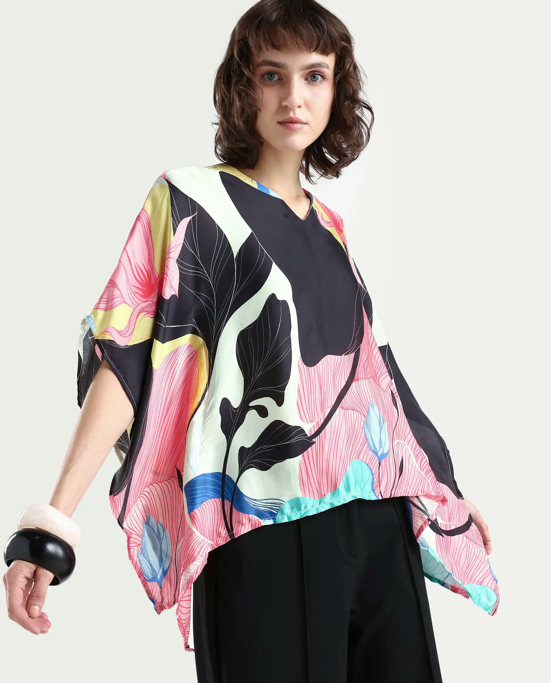 Rareism Women's Palace Offwhite Modal Blend V-Neck Abstract Print Bell Sleeve Relaxed Fit Top